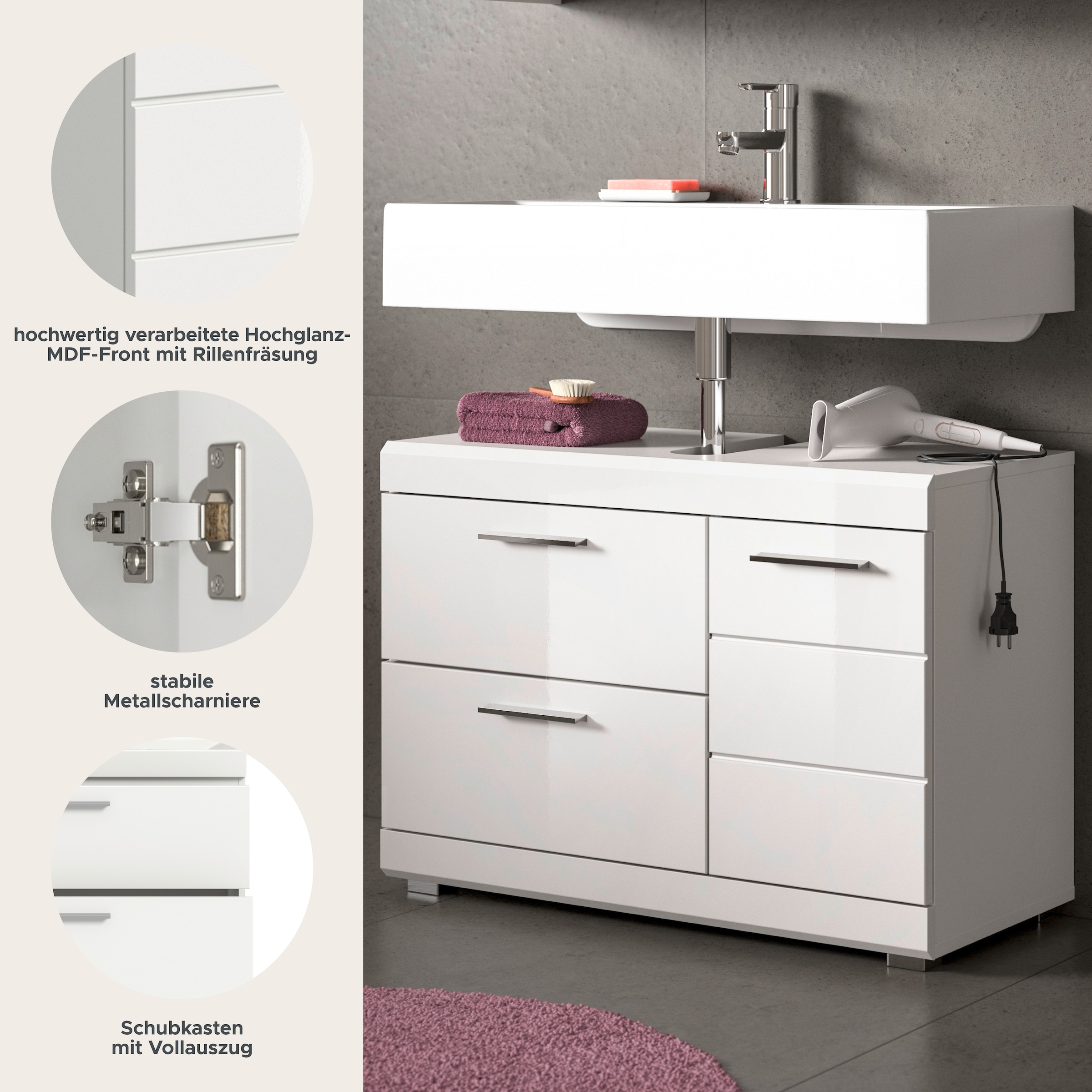 welltime Waschbeckenunterschrank »SIENA, Breite 80cm, 1 Tür, 1 Schubkasten, 1 Klappe, 2 Fächer,MDF-Front« WBU, Badmöbel, Badschrank, Kommode, Unterschrank, Bad, Badezimmer