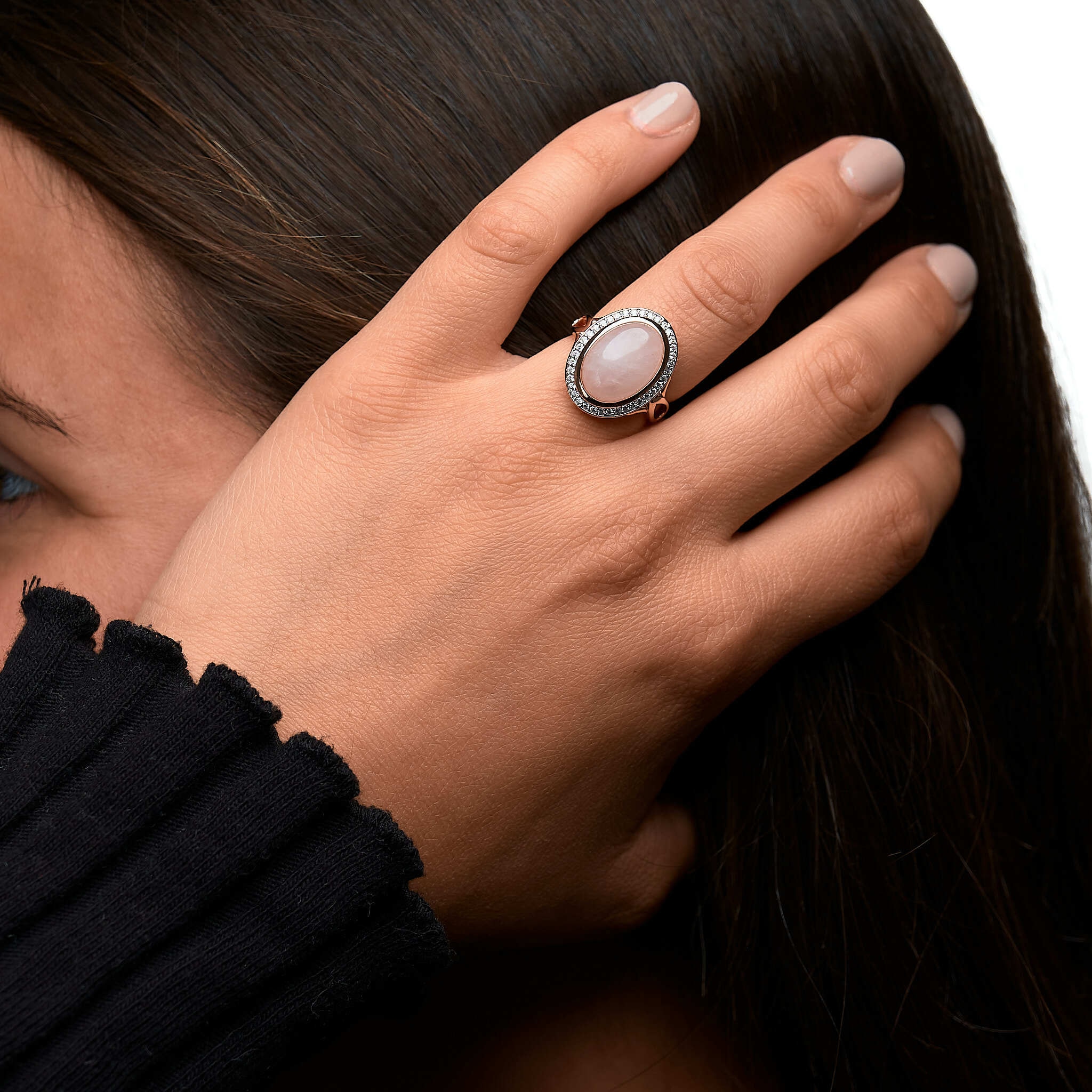 Zeeme Fingerring »Silber 925 rosé-vergoldet mit echtem Rosenquarz und Zirkonia«