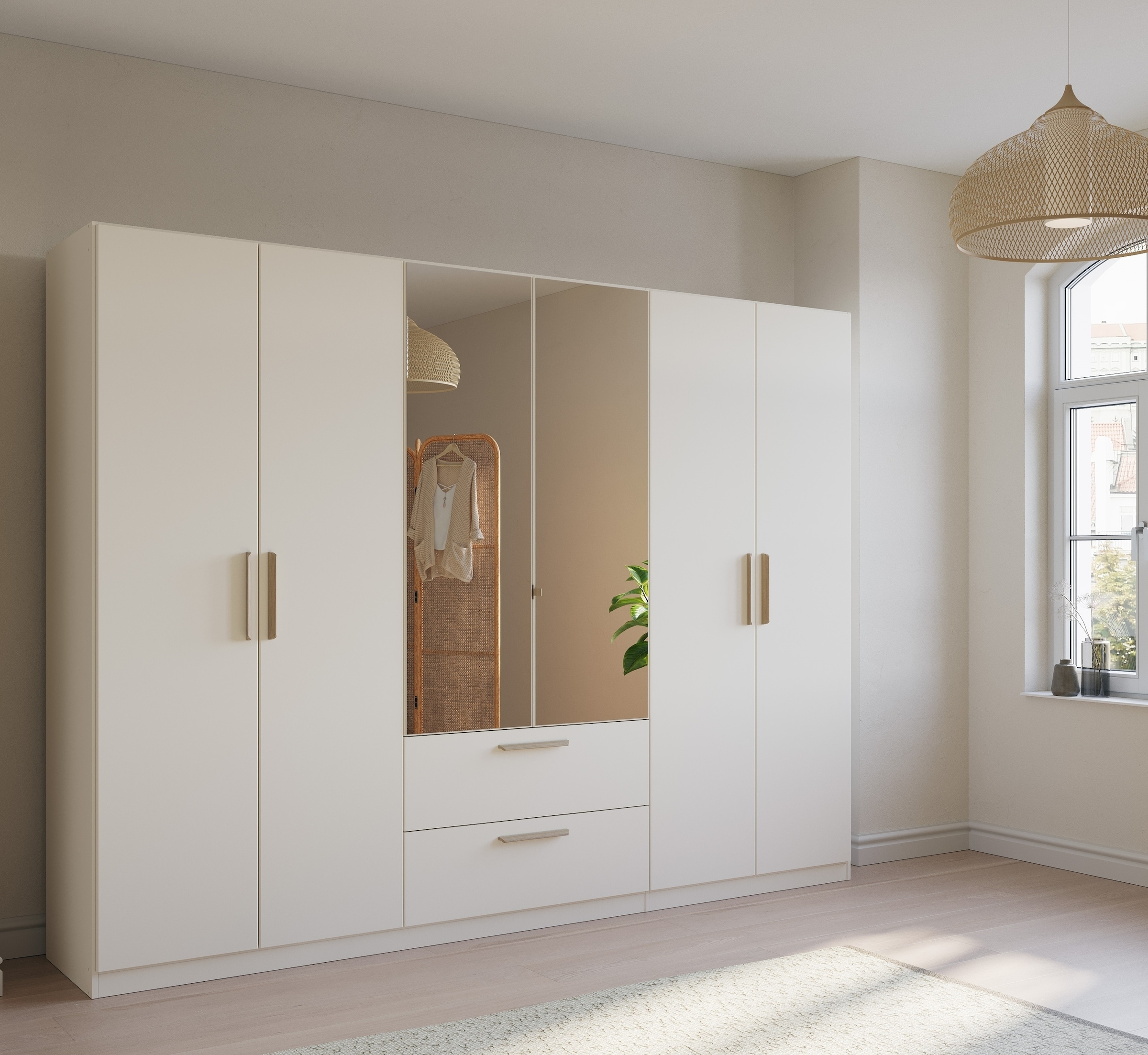 rauch Kleiderschrank »Skandi by Quadra Spin Schlafzimmerschrank«, im Landhaus-Stil mit Massivholzgriffen, mit Schubladen und Spiegel