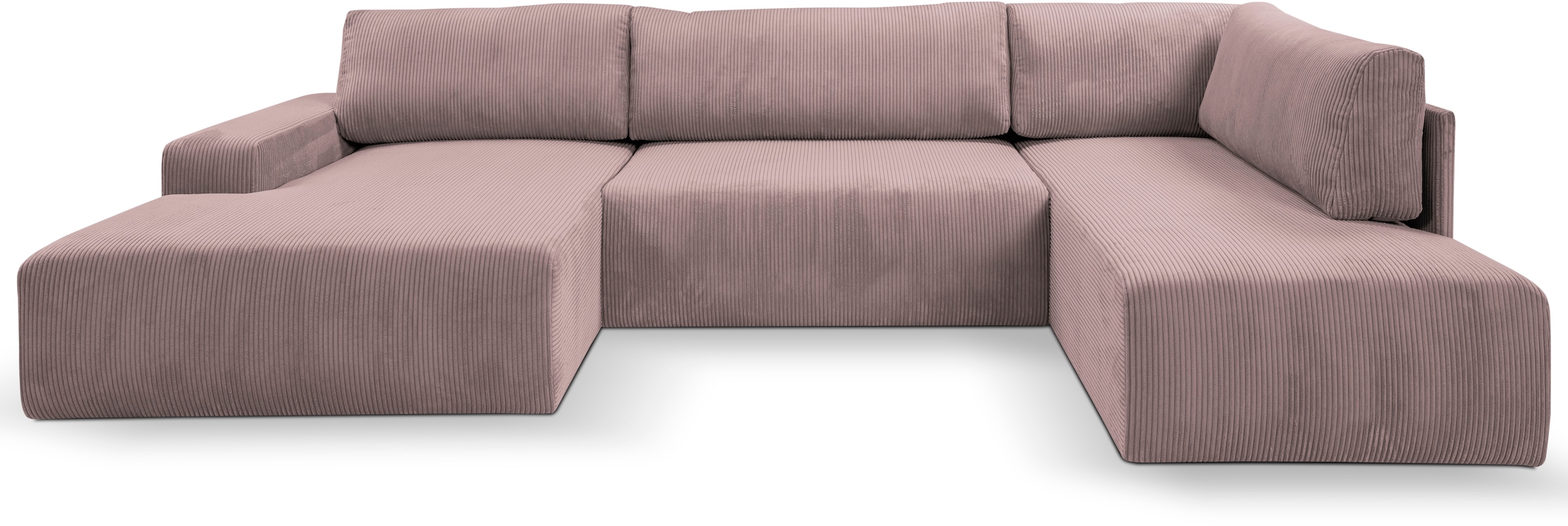 WERK2 Wohnlandschaft »Rotterdam-U, U-Form, in kuschelweichem Cord oder Breitcord«, Design Sofa mit Schlaffunktion & Bettkasten, Cord, Rose