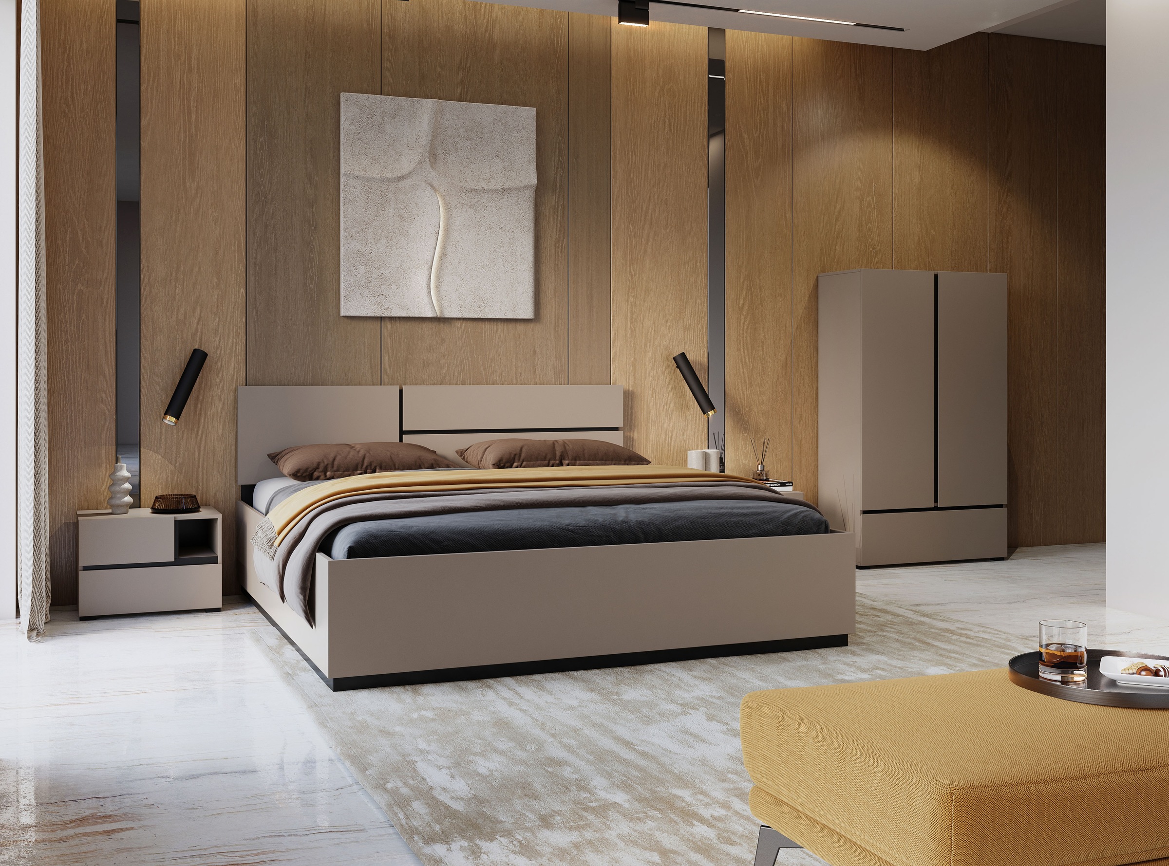 INOSIGN Schlafzimmer-Set »Cross, moderne, grifflose Optik, FSC-zertifiziert«, (4 tlg., Bett 180x200cm, 2 Nachtkommoden, Schrank 2-oder 4-türig), Komplettschlafzimmer-Set