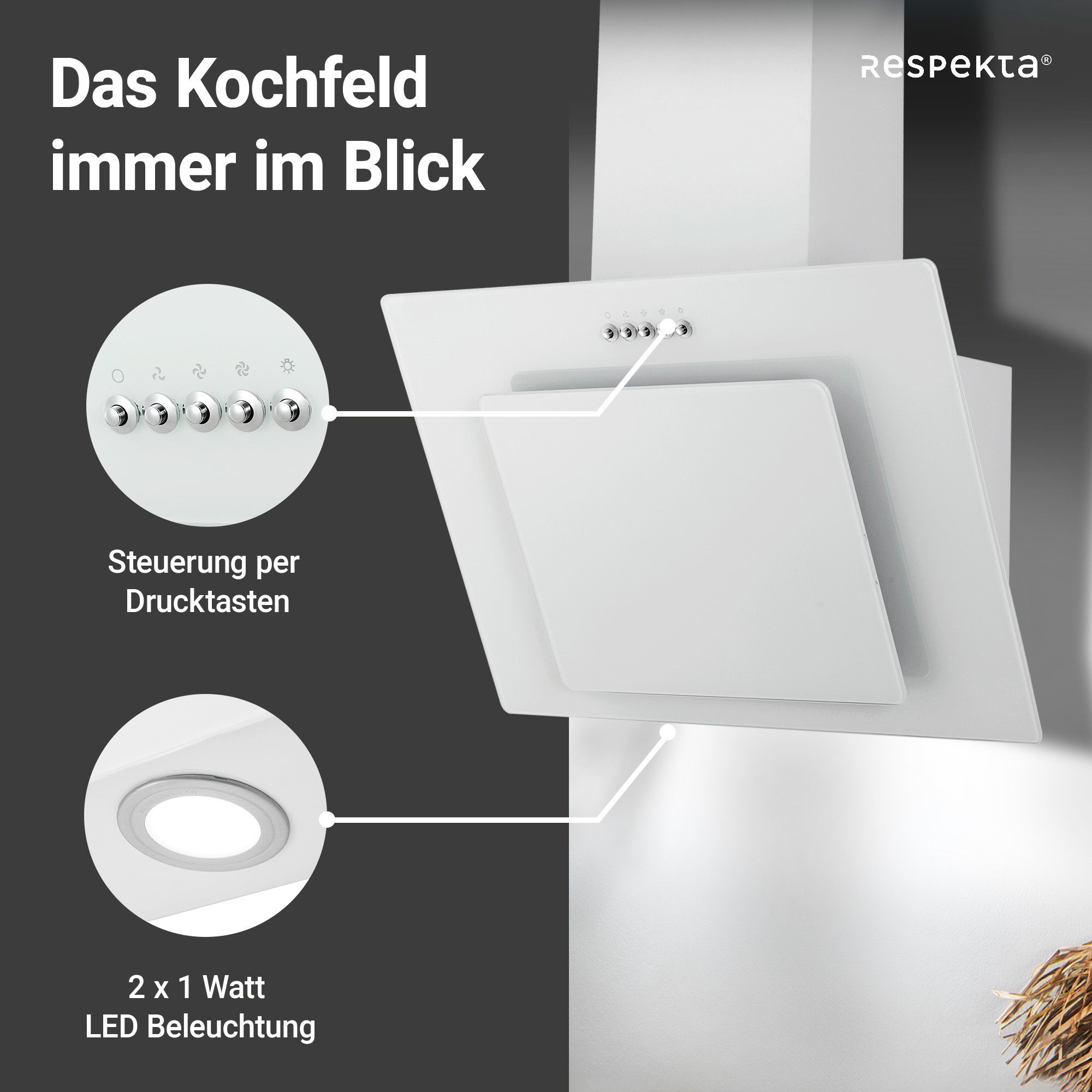 RESPEKTA Kopffreihaube »CH 21060«, 60 cm, 3 Leistungsstufen, LED-Beleuchtung, Ab- und Umluftfähig
