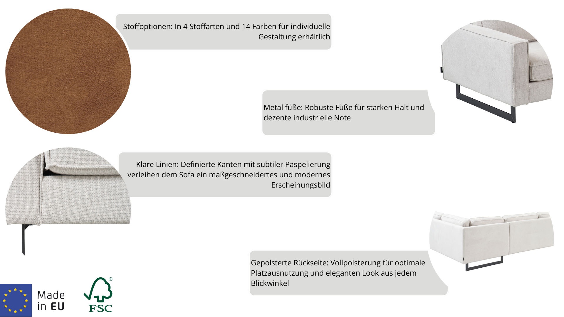 Places of Style Ecksofa »Pinto, XXL, 250/290 cm, langer Schenkel, Ottomane«, Cord, Chenille, Lederoptik, mit Keder, Metallfüße, Wellenunterfederung