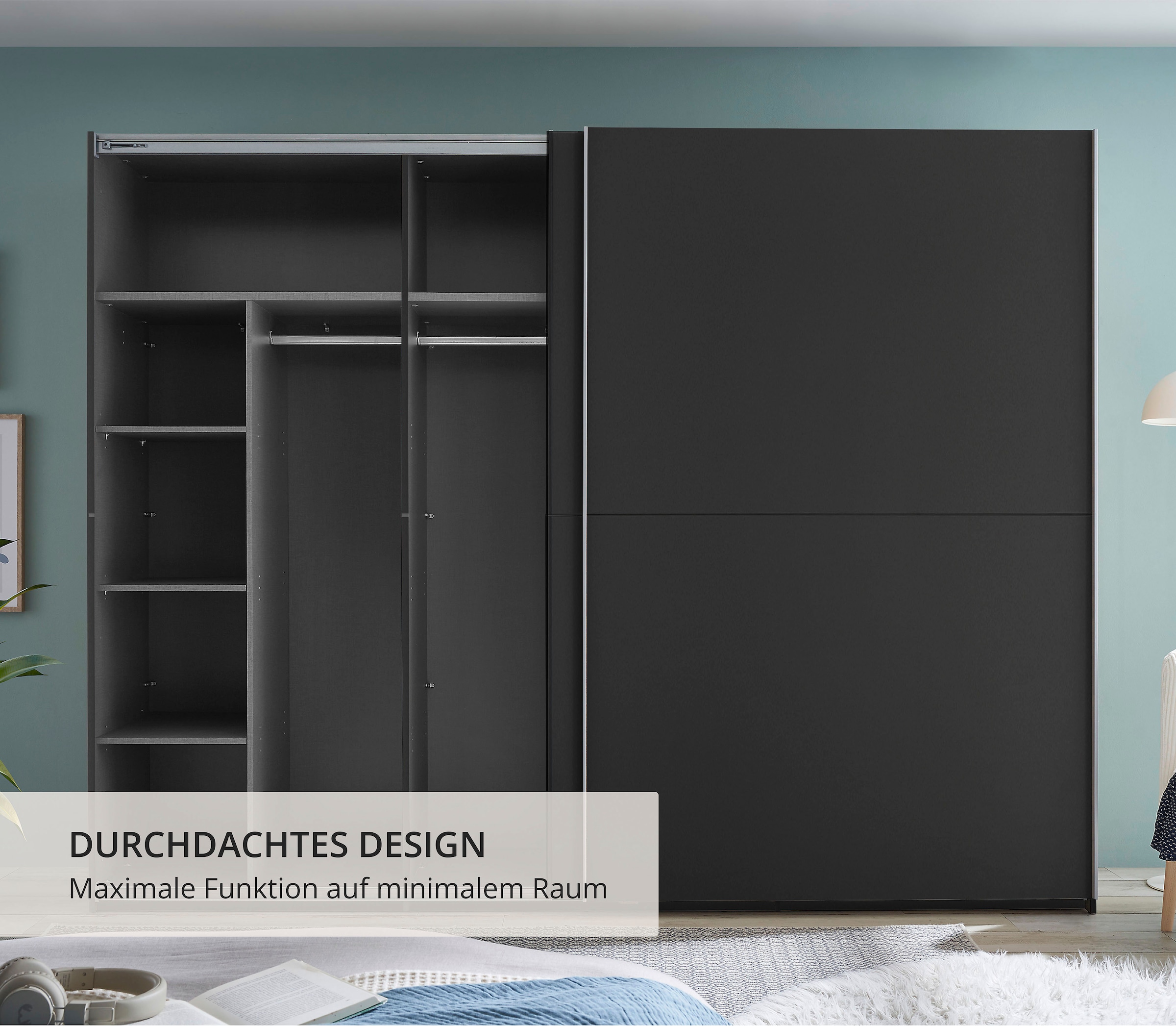 Schlafkontor Schwebetürenschrank »Mesio, 2-türiger Kleiderschrank, Schiebetürenschrank mit viel Stauraum« inklusive Hoteleinteilungen außen und Einlegeböden oben