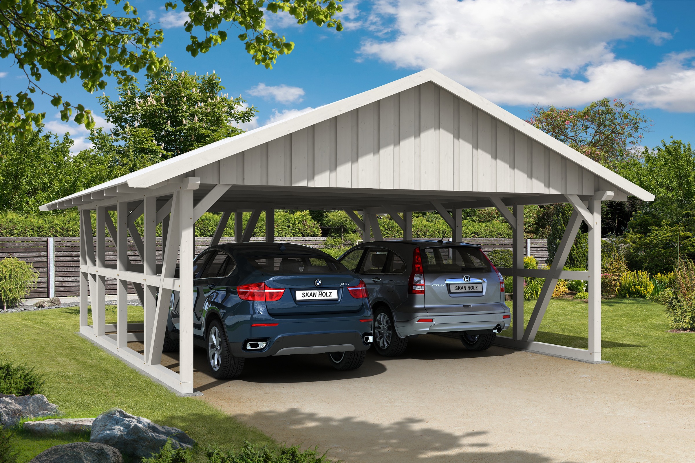 Skanholz Doppelcarport »Schwarzwald«, KVH-Fichte, 560 cm, Weiß, mit Abstellraum 1, mit Dachschalung