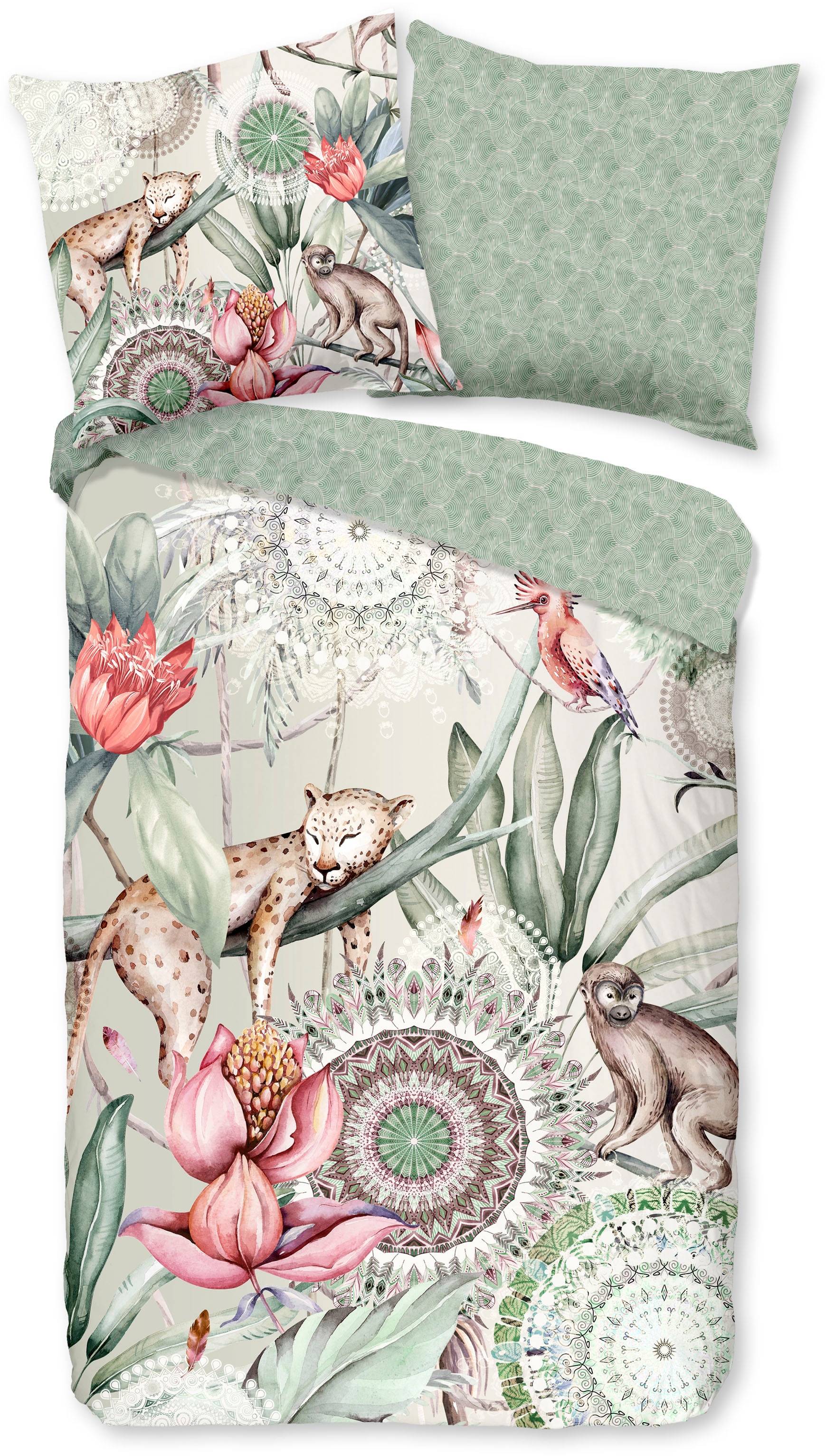 hip Wendebettwäsche »Wayan«, Mako-Satin, 135x200, Reißverschluss, Wende, Mandala, Tropisch, Grün