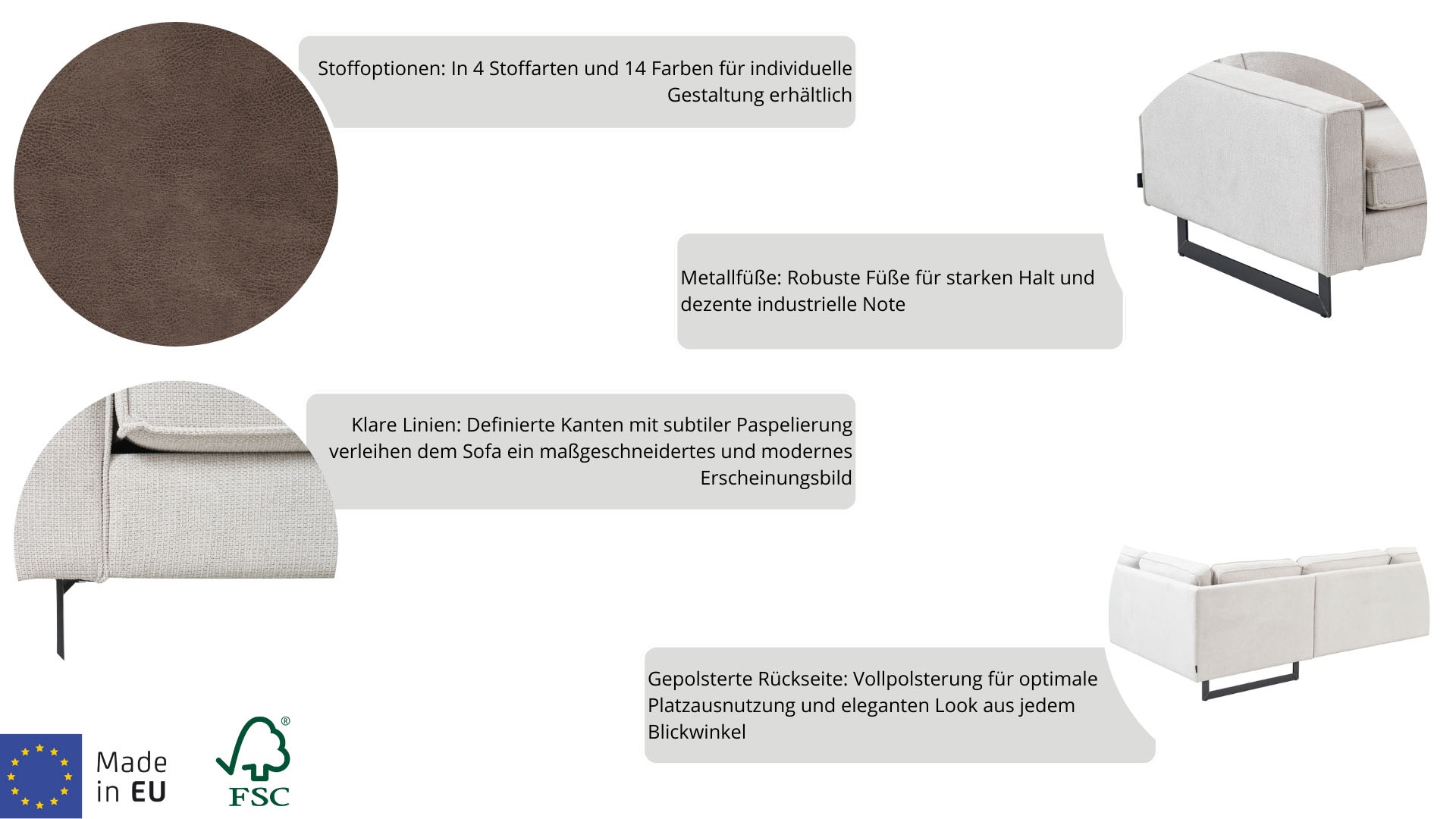 Places of Style Ecksofa »Pinto, 290 cm, Ottomane links / rechts«, Cord, Feincord, Luxus-Microfaser Leder und Chenille