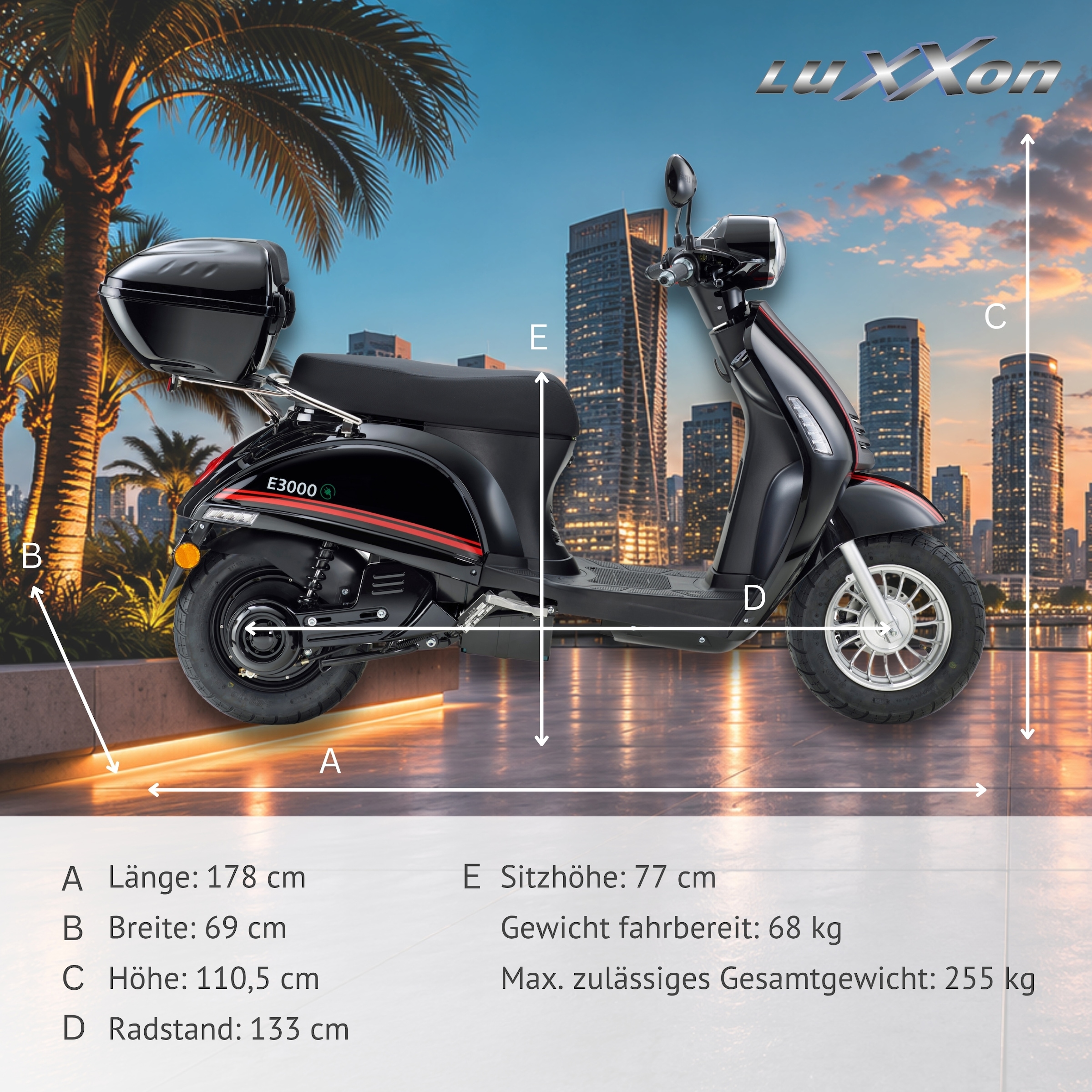 Luxxon E-Motorroller »E3000« bis zu 55 km Reichweite, mit Straßenzulassung, 2 Sitzplätze