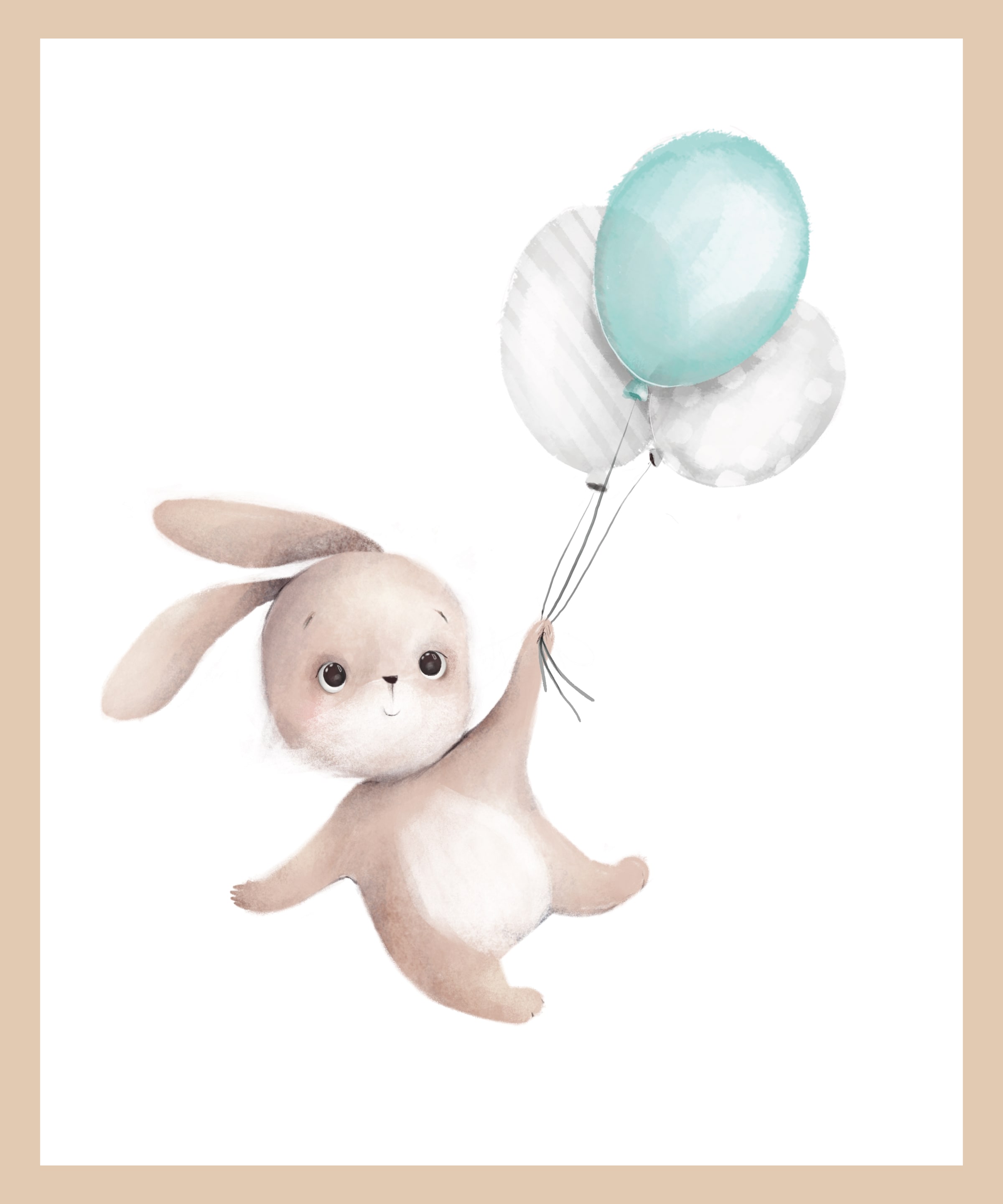 Lüttenhütt Bild mit Rahmen »Fliegender Hase mit Luftballons«, Fantasy-Hase-Hasen-Luftballon-Tiere, (1 St.), Premium Rahmenbild, Motive in wunderschönen Pastelltönen
