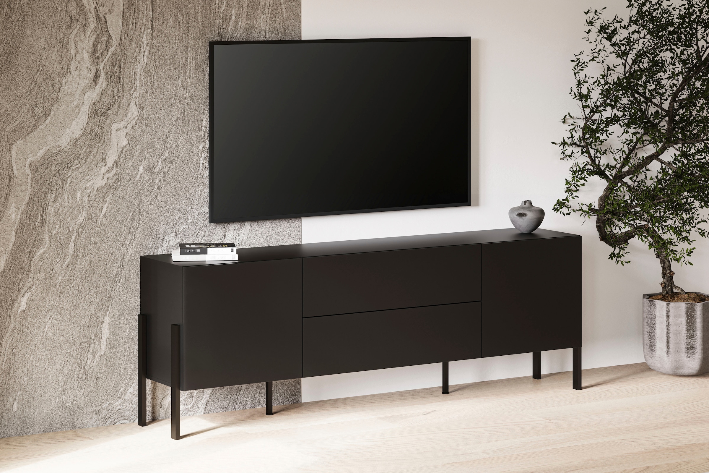 OTTO home Lowboard »Jukon,Breite 200 cm, moderne grifflose TV-Kommode,2 Türen/2 Schubladen« TV-Schrank mit viel Stauraum, TV-Board, push-to-open-Funktion