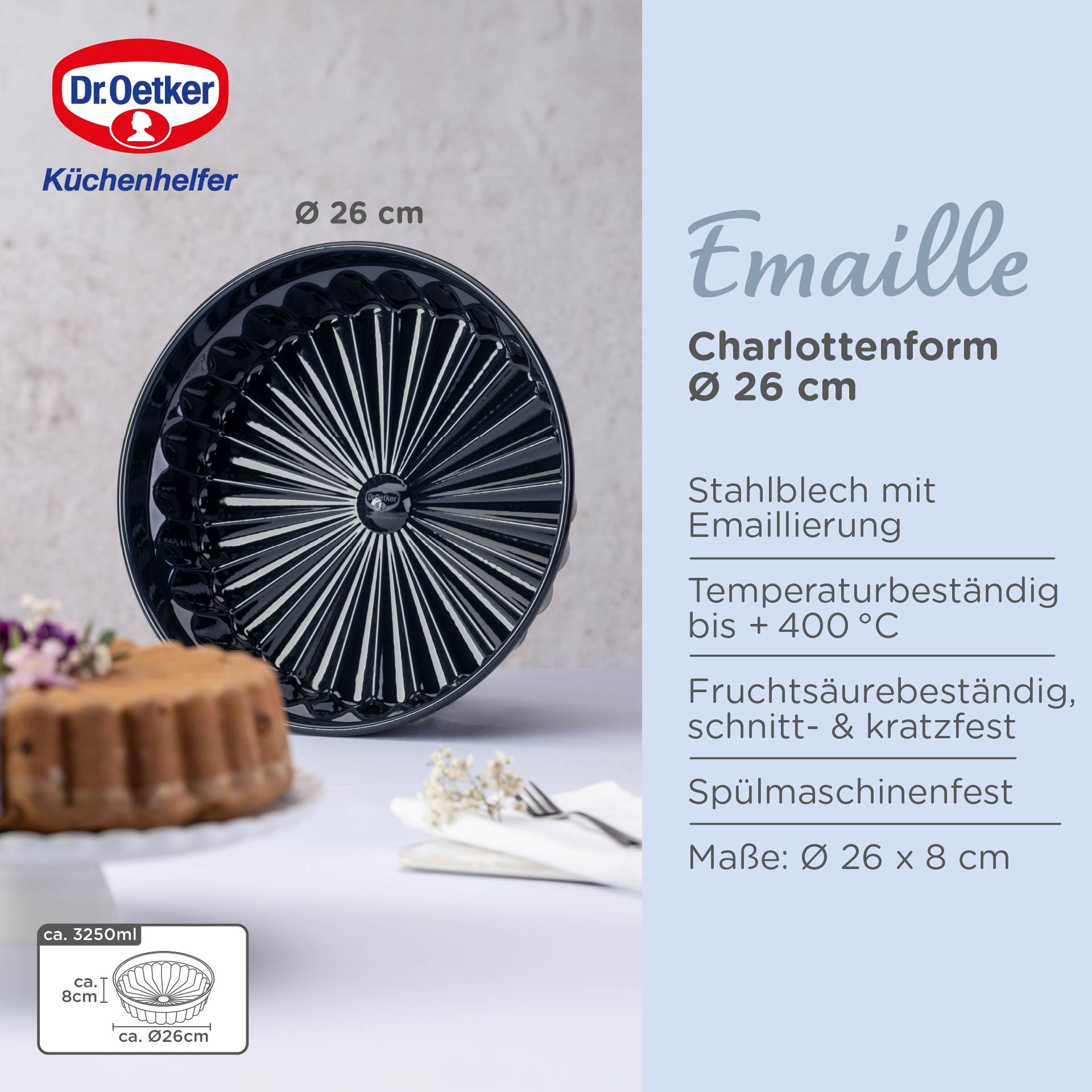 Dr. Oetker Küchenhelfer Backform »Charlottenform Back-Liebe Emaille, Ø 28 cm, ozeanblau«