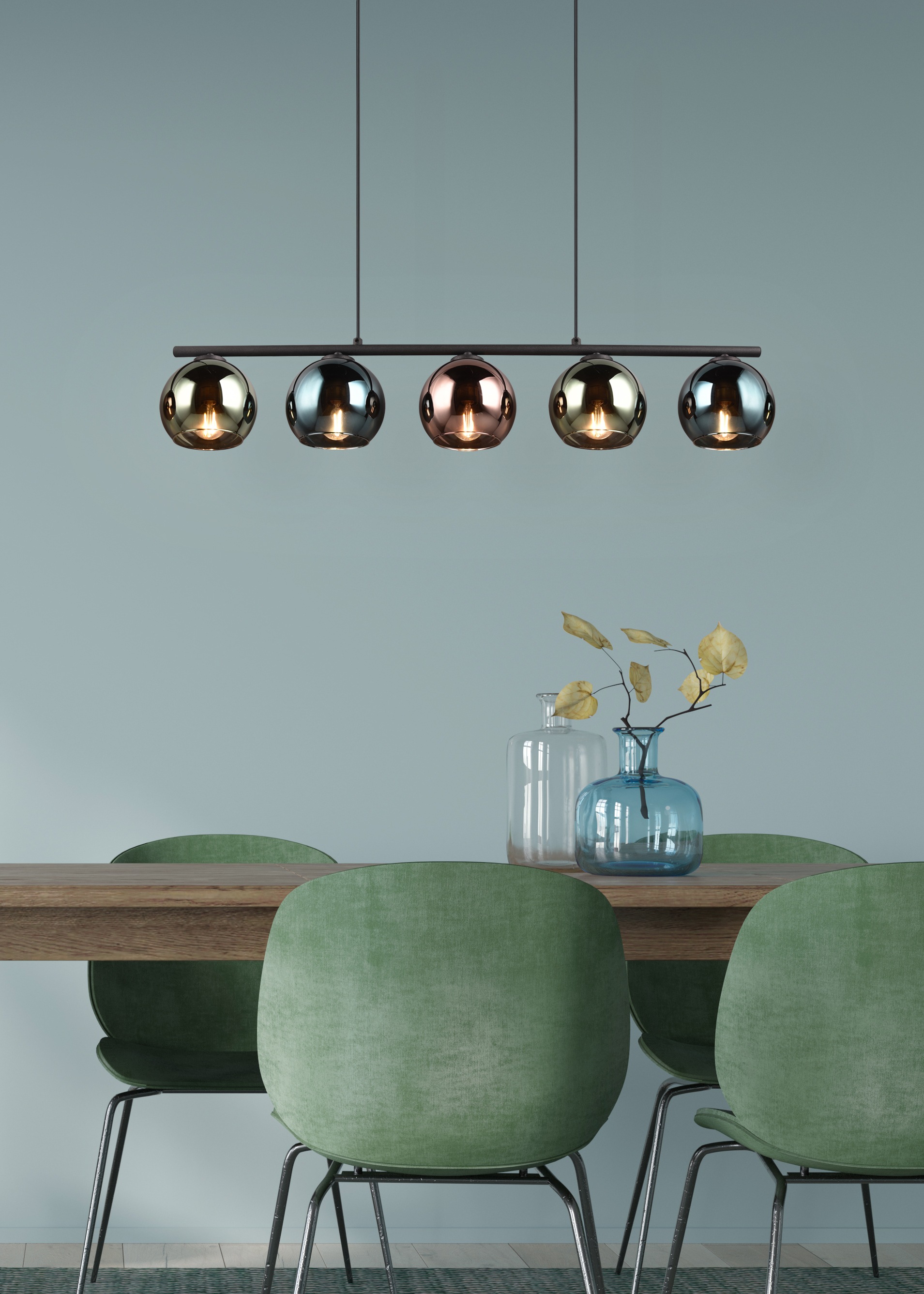 REALITY Leuchten Pendelleuchte »SHELDON, Hängelampe 5-flammig exkl 5x E14 max 10W höhenverstellbar«, 5 flammig, Leuchtmittel E14 | Leuchtmittel wechselbar, Metall Hängeleuchte mit bunten Glasschirmen Lampe Esszimmer Wohnzimmer
