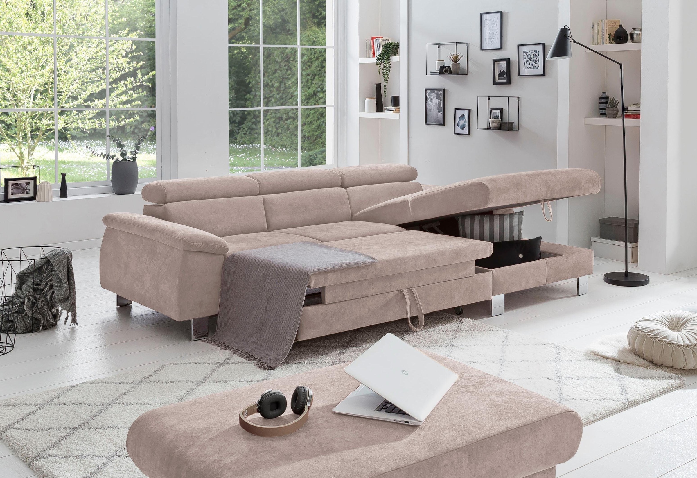 COTTA Ecksofa Komaris, Ecksofa, wahlweise mit RGB-LED-Beleuchtung und Bettfunktion/Bettkasten