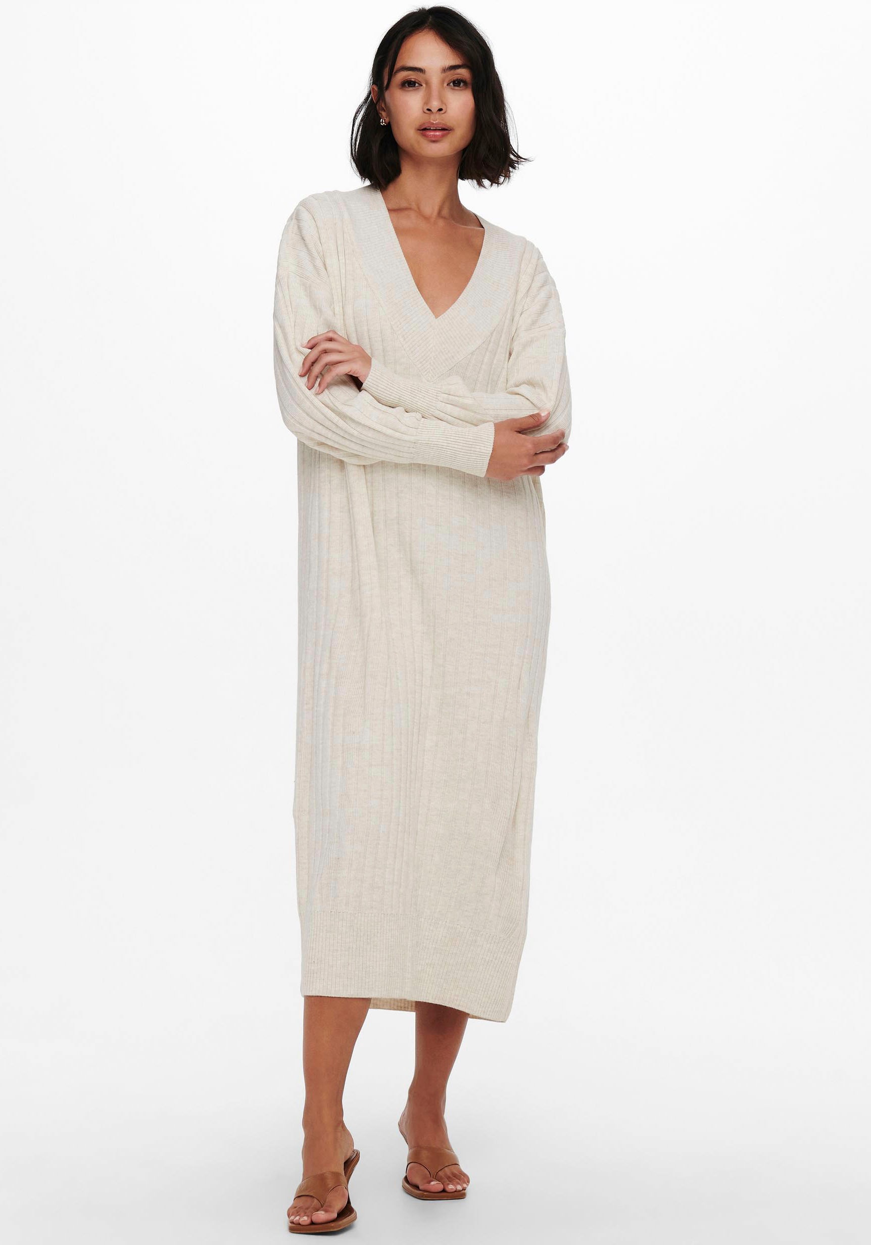 ONLY Strickkleid »ONLNEW TESSA L/S MIDI V DRESS«, mit tiefem V-Ausschnitt mit breiter Blende