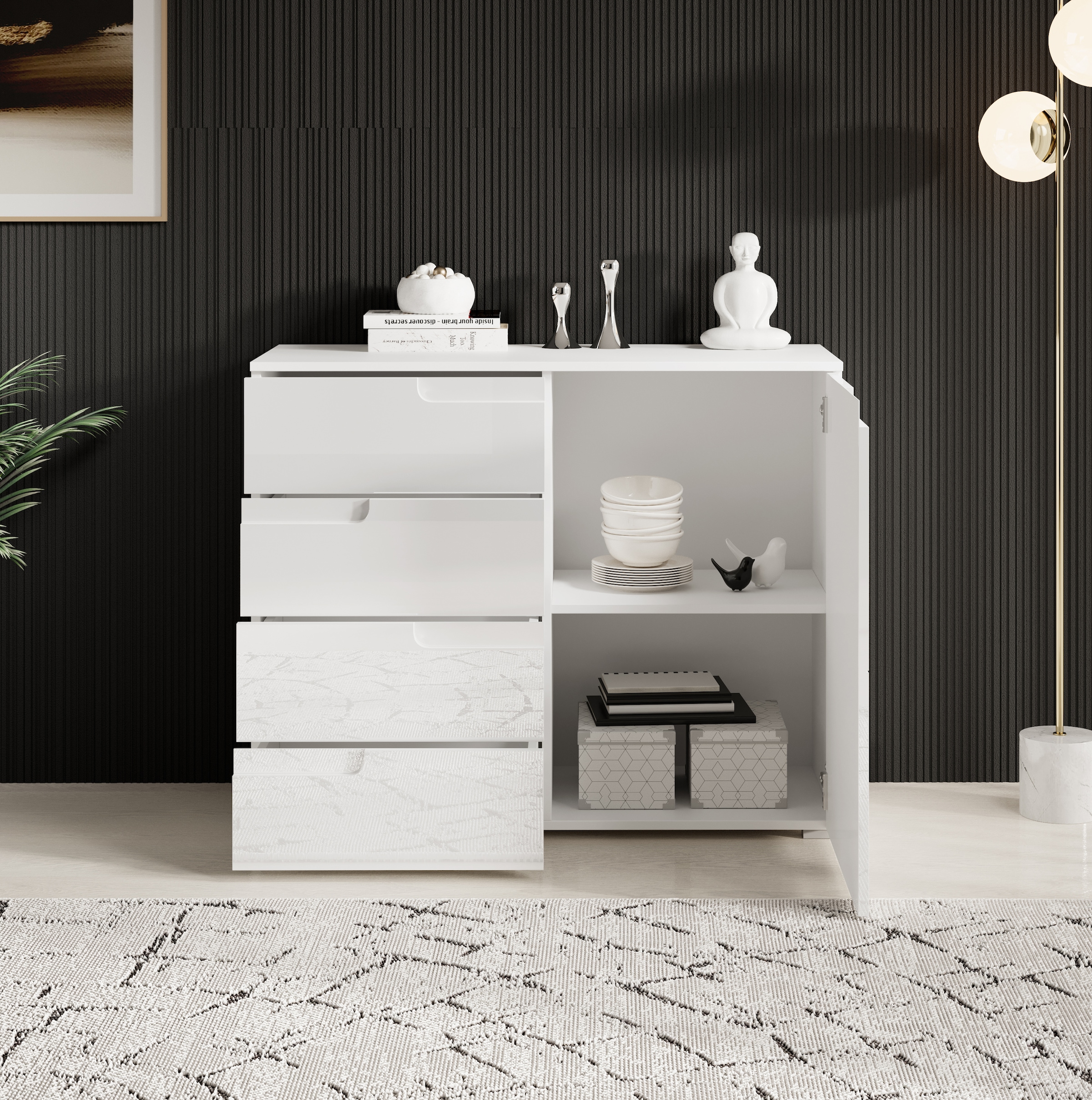 HBZ Kommode »Spice weiß hochglanz, BxHxT 100x80x40 cm«, Kommode mit 1 Tür, 4 Schubkästen und 1 Einlegeboden