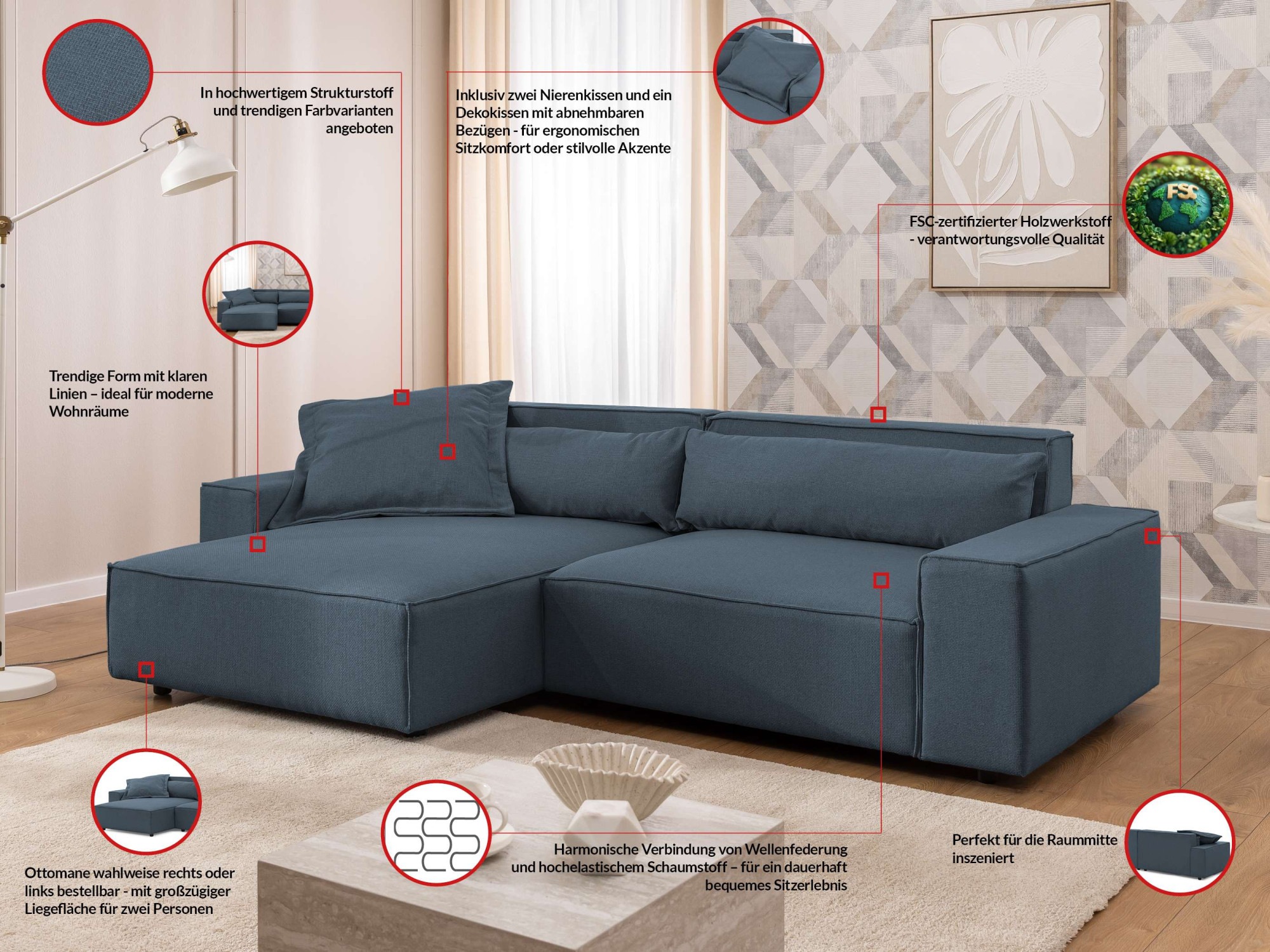 OTTO home Ecksofa »KINLEE Design-Sofa mit Recamiere rechts/links, Maße B/T/H 251/144/70cm«, L-Form mit Wellenunterfederung, ohne Bettfunktion, modern und beguem