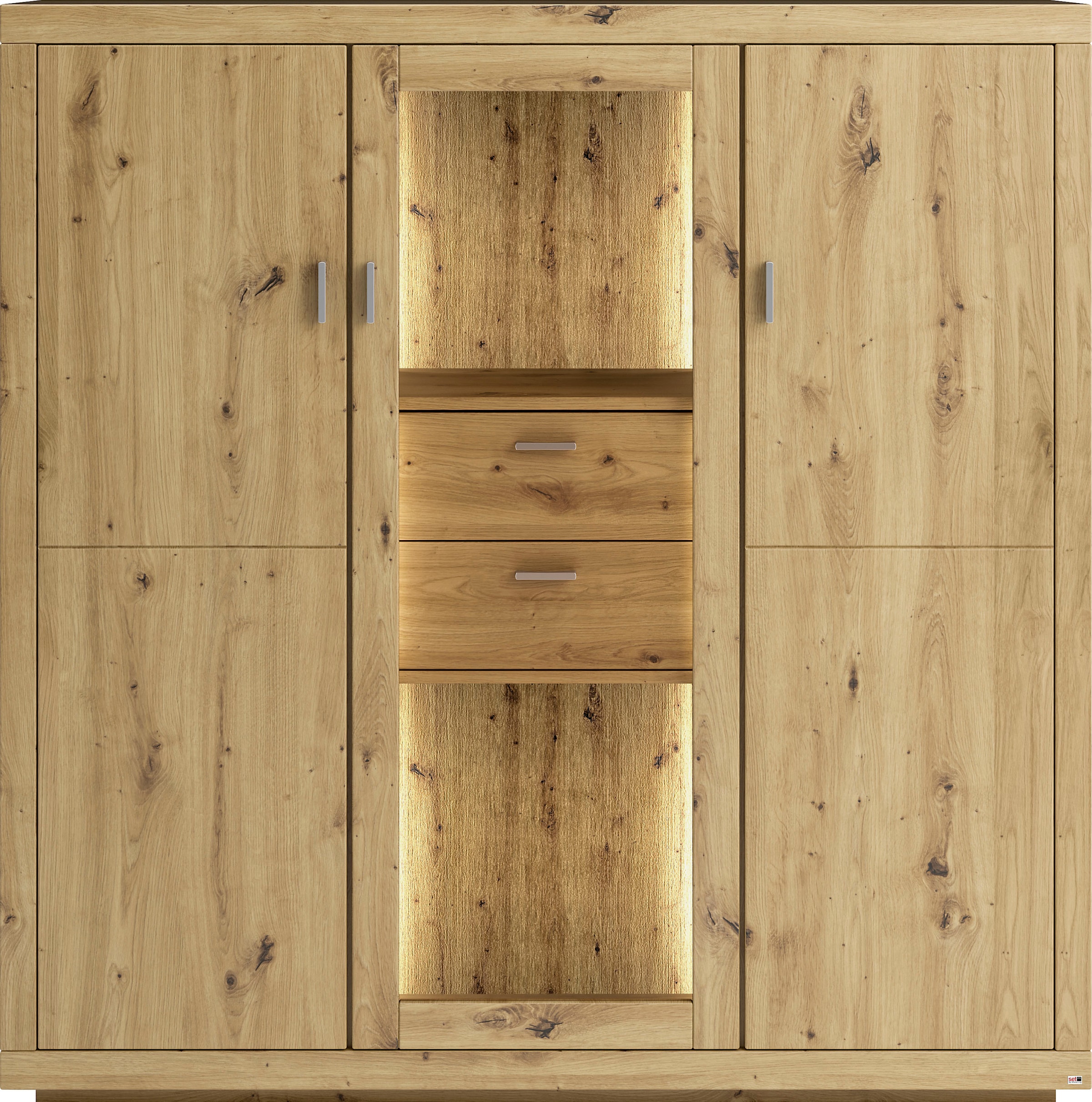 set one by Musterring Highboard »Chandler«, Rückwand mit sangestrahlter Optik, Tür mit Glasausschnitt