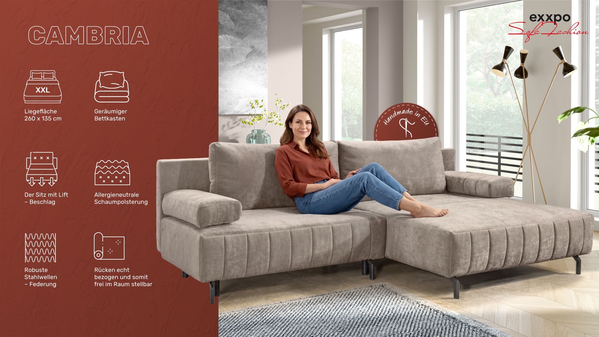 exxpo - sofa fashion Ecksofa inkl. Bettfunktion und Bettkasten, 15cm bodenfrei, Breite 262cm