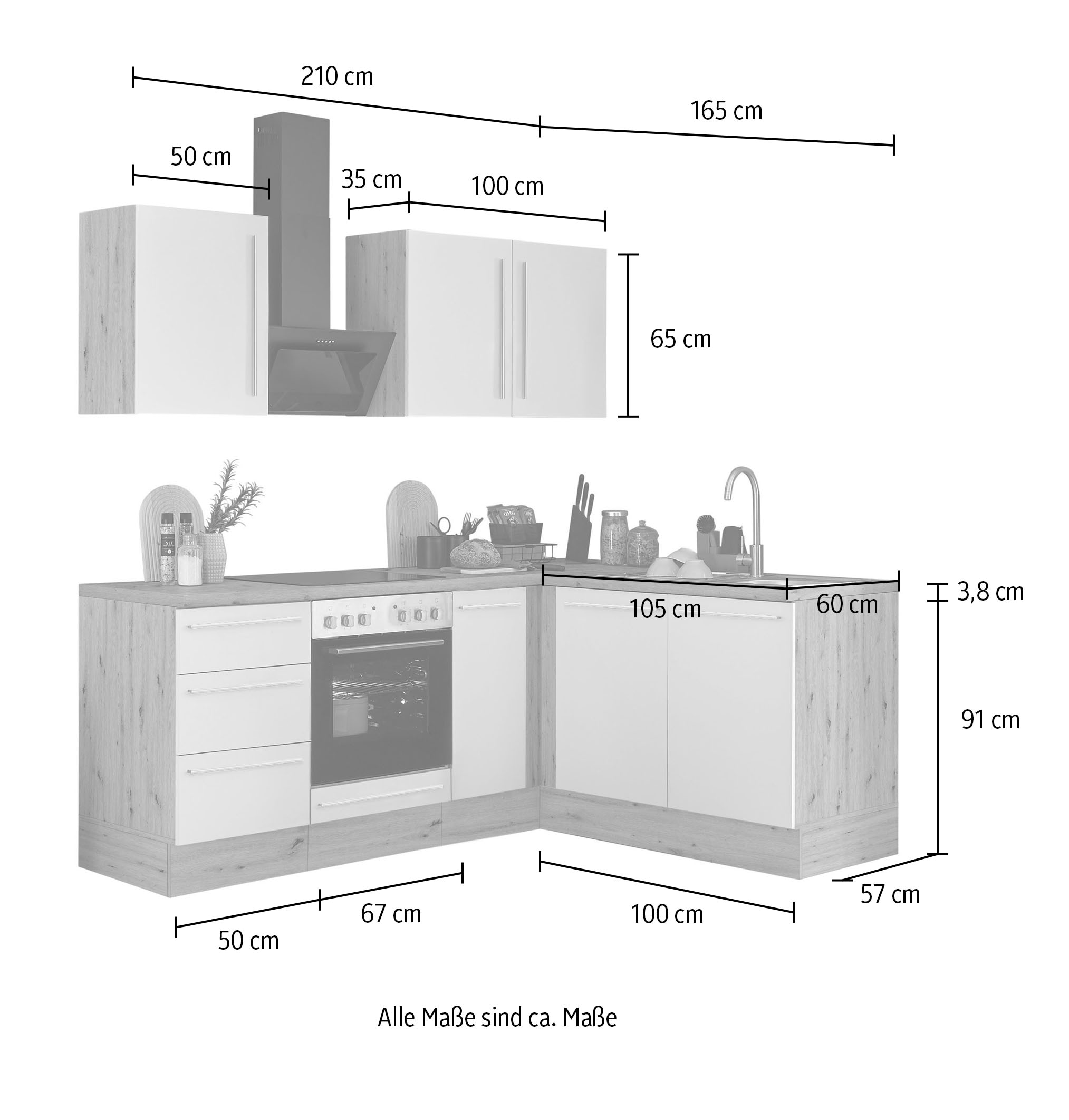 KOCHSTATION Winkelküche »Florida, Stellbreite 210x165 cm«, wahlweise mit E-Geräten, mit Softclose für Türen und Schubkästen