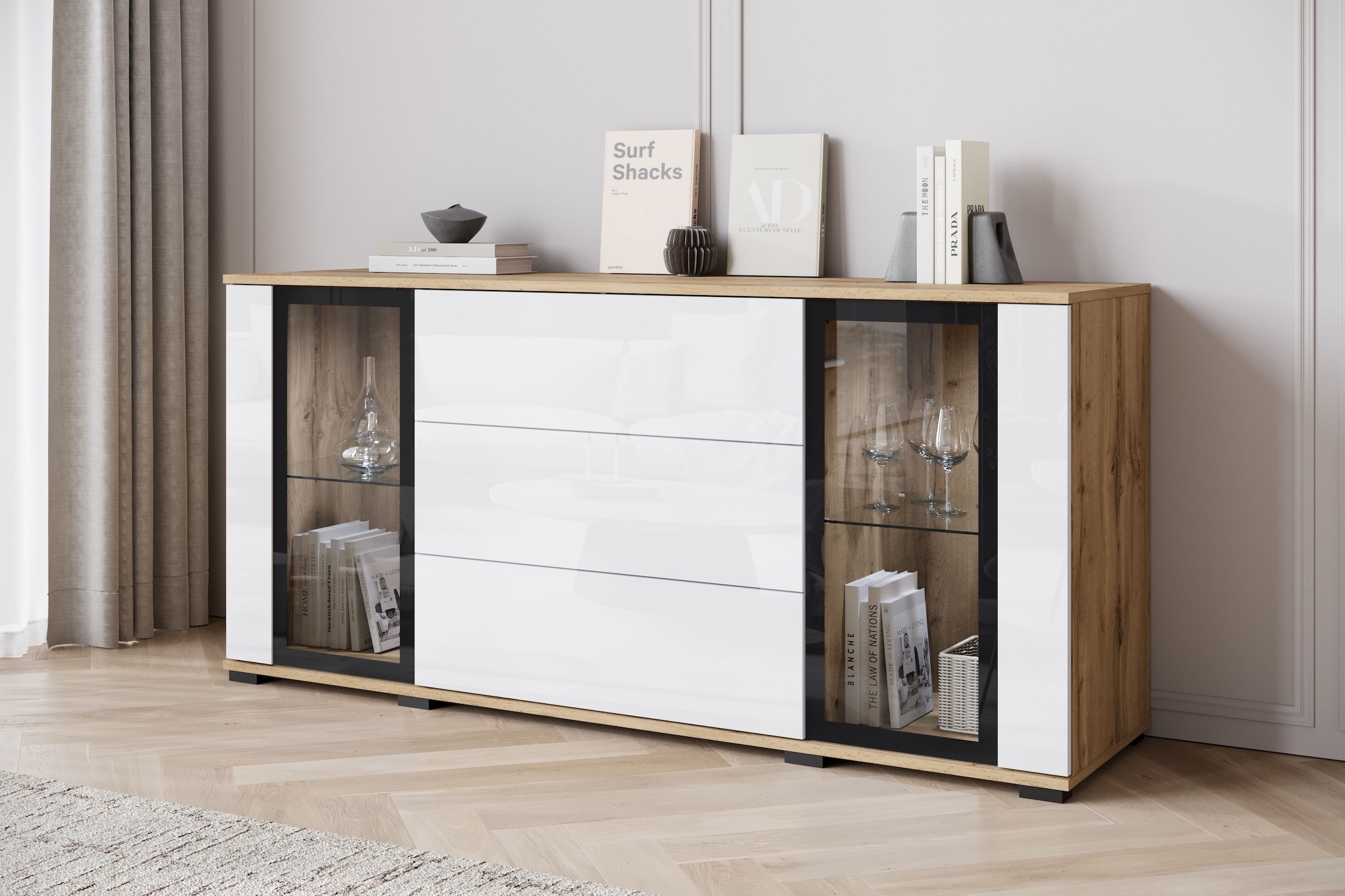 INOSIGN Sideboard »modernes Design mit Glaseinsätzen und 3 Schubladen, Breite 150 cm«, (1 St.), Grifflose Fronten mit Push-to-Open, höhenverstellbare Einlegeböden