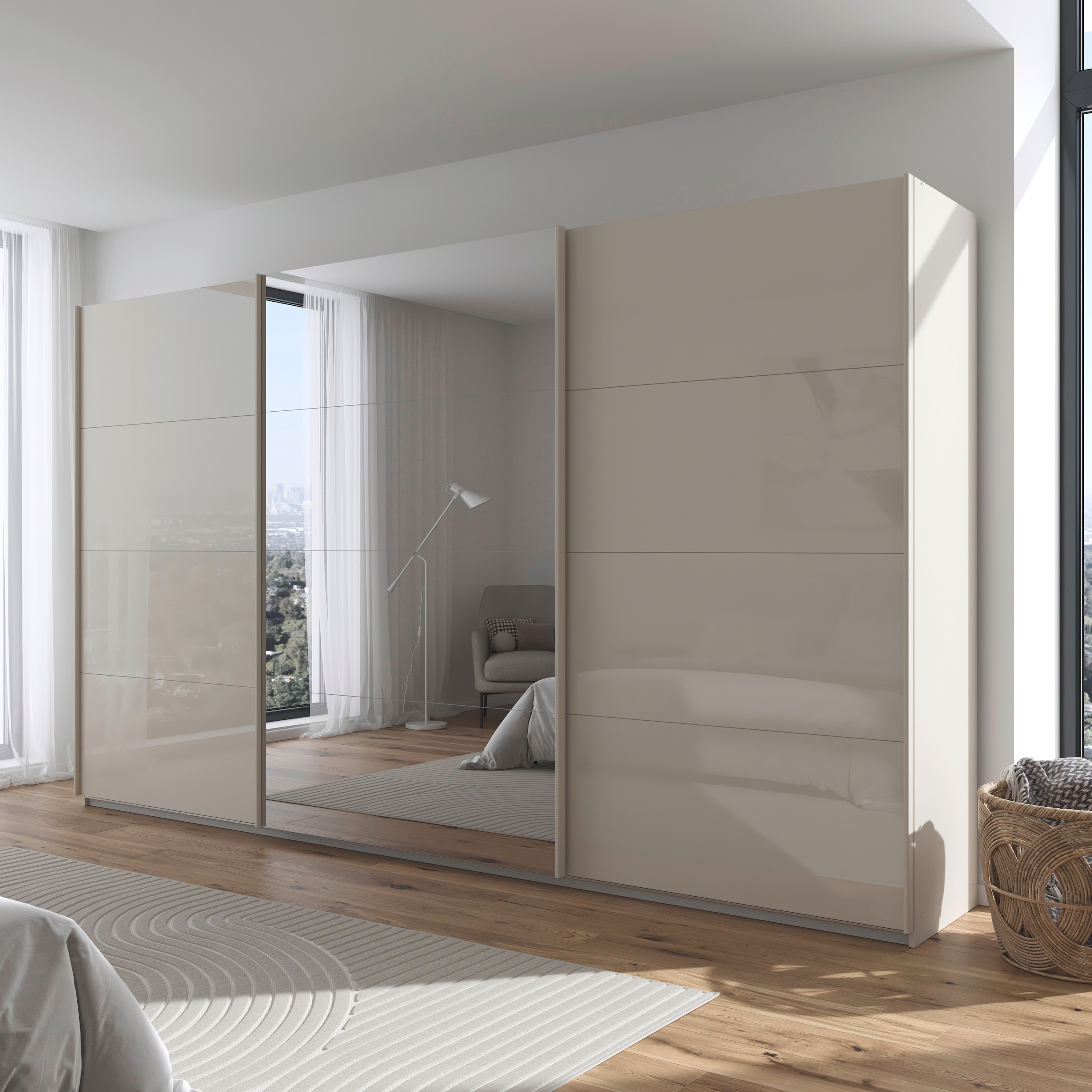 rauch Schwebetürenschrank »Kleiderschrank Kleiderschränke Schrank Garderobe AGORDO mit Glasfront«, durchdachte Innenausstattung, in 4 Breiten und 2 Höhen MADE IN GERMANY