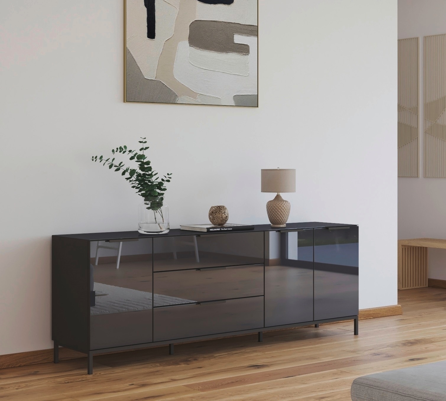 rauch Kombikommode »Kommode Türkommode Sideboard Kombikommode FLIPP mit Glasfront«, (Breite 200 cm mit 2 Einlegeböden), 3-türig, 3 Schubladen, Soft-Close-Funktion, Oberboden und Front Glas