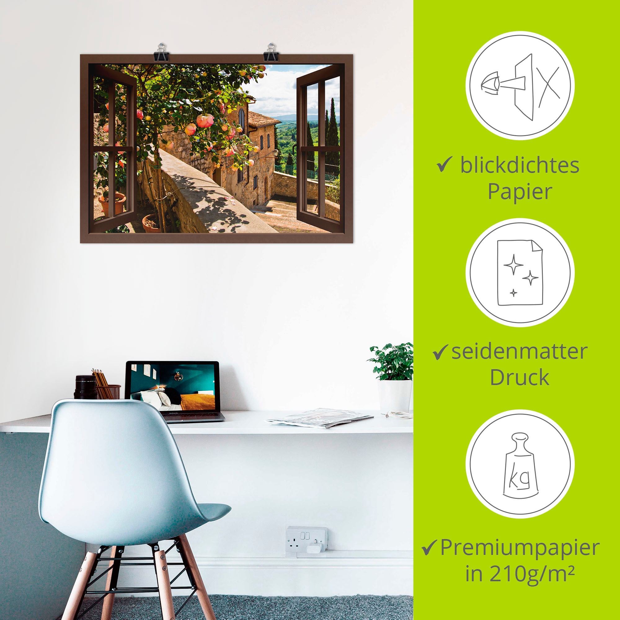 Artland Wandbild »Fensterblick Rosen auf Balkon Toskana«, Garten, (1 St.), als Alubild, Outdoorbild, Leinwandbild, Poster, Wandaufkleber