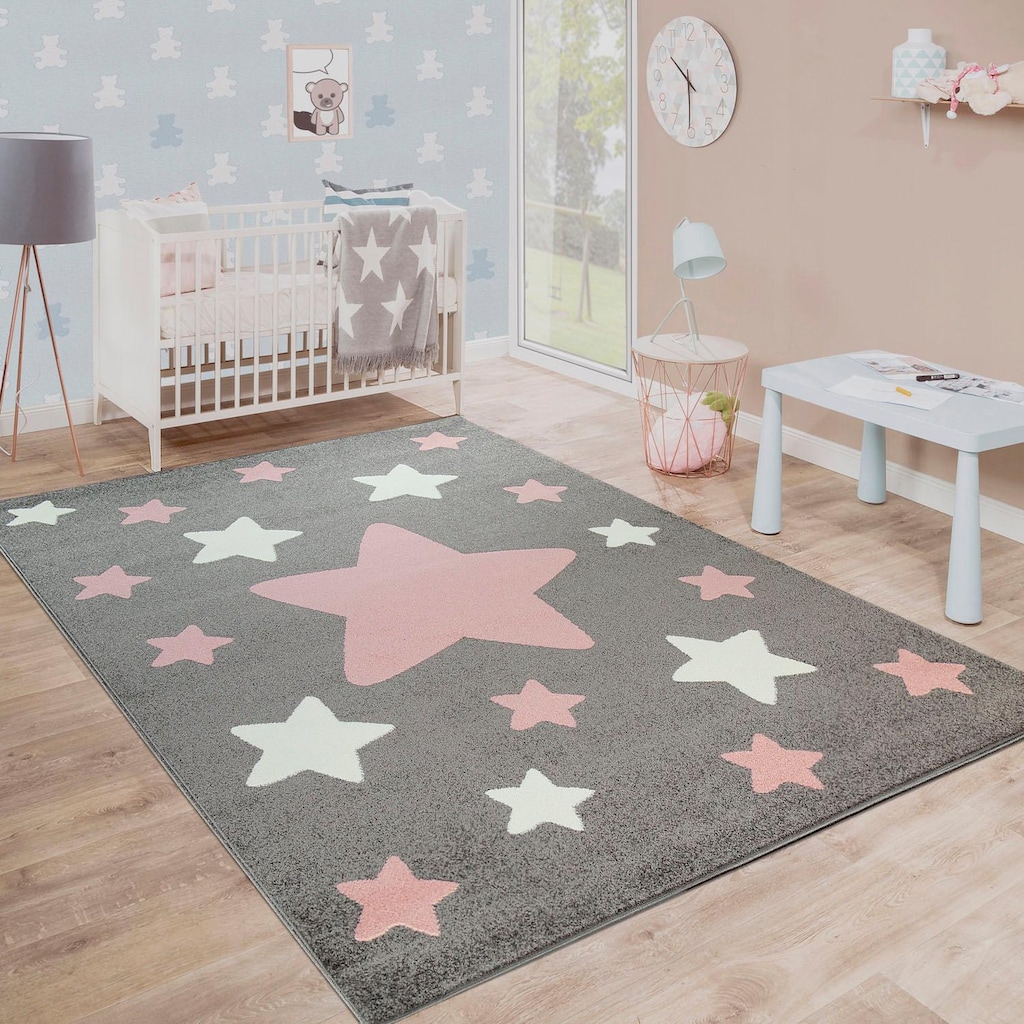 Paco Home Kinderteppich »Capri 330«, rechteckig, 11 mm Höhe, Kurzflor, Motiv Sterne, Pastell-Farben, Kinderzimmer