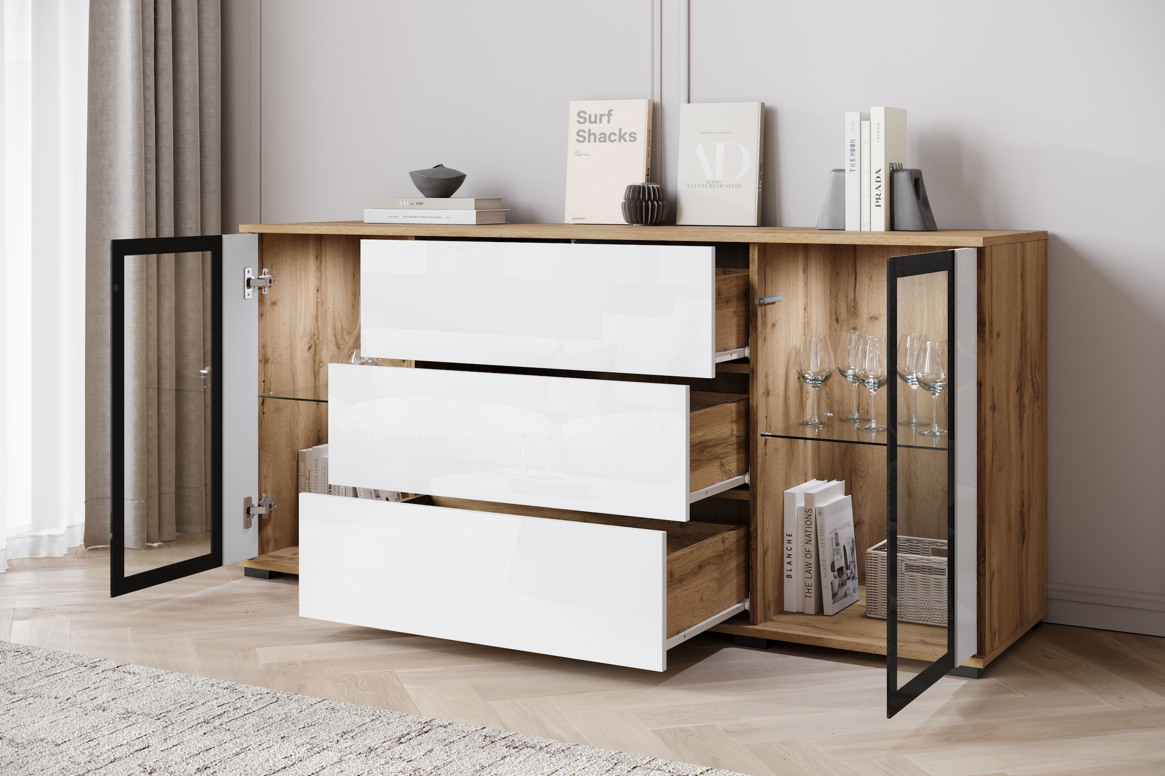 INOSIGN Sideboard »modernes Design mit Glaseinsätzen und 3 Schubladen, Breite 150 cm«, (1 St.), Grifflose Fronten mit Push-to-Open, höhenverstellbare Einlegeböden