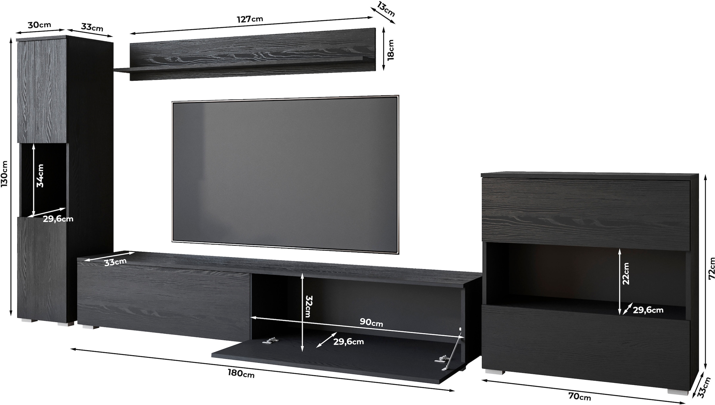 INOSIGN Wohnwand »PARIS«, (Komplett-Set, 4 St.), TV-Wand 300cm breite, grifflose Design, stehend und hängend montierbar