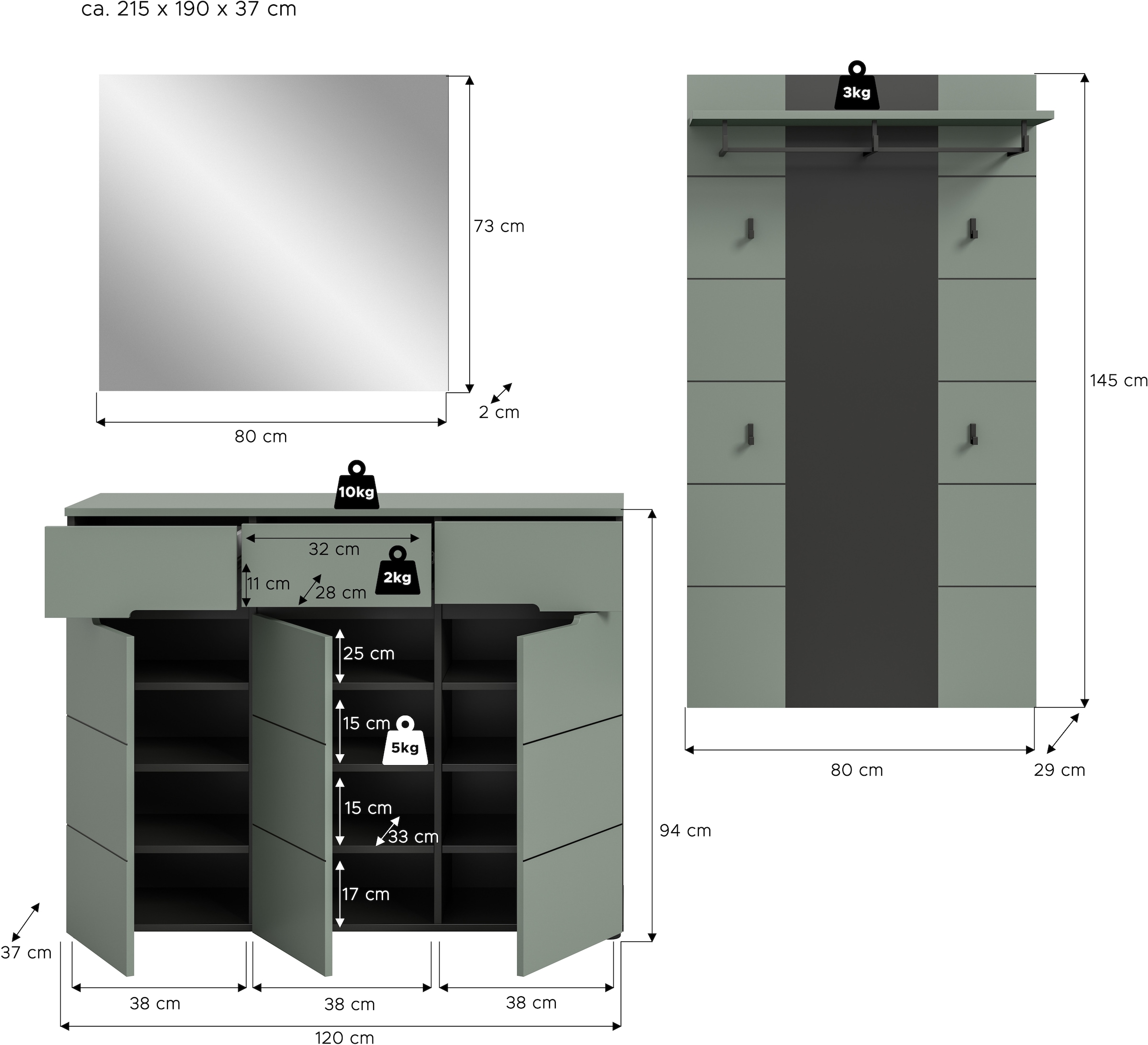 INOSIGN Garderoben-Set, (Set, 3 St., bestehend aus: Kommode, Spiegel und Garderobenpaneel), Garderobenkombination, Kombination, Set, Flurgarderobe, Diele