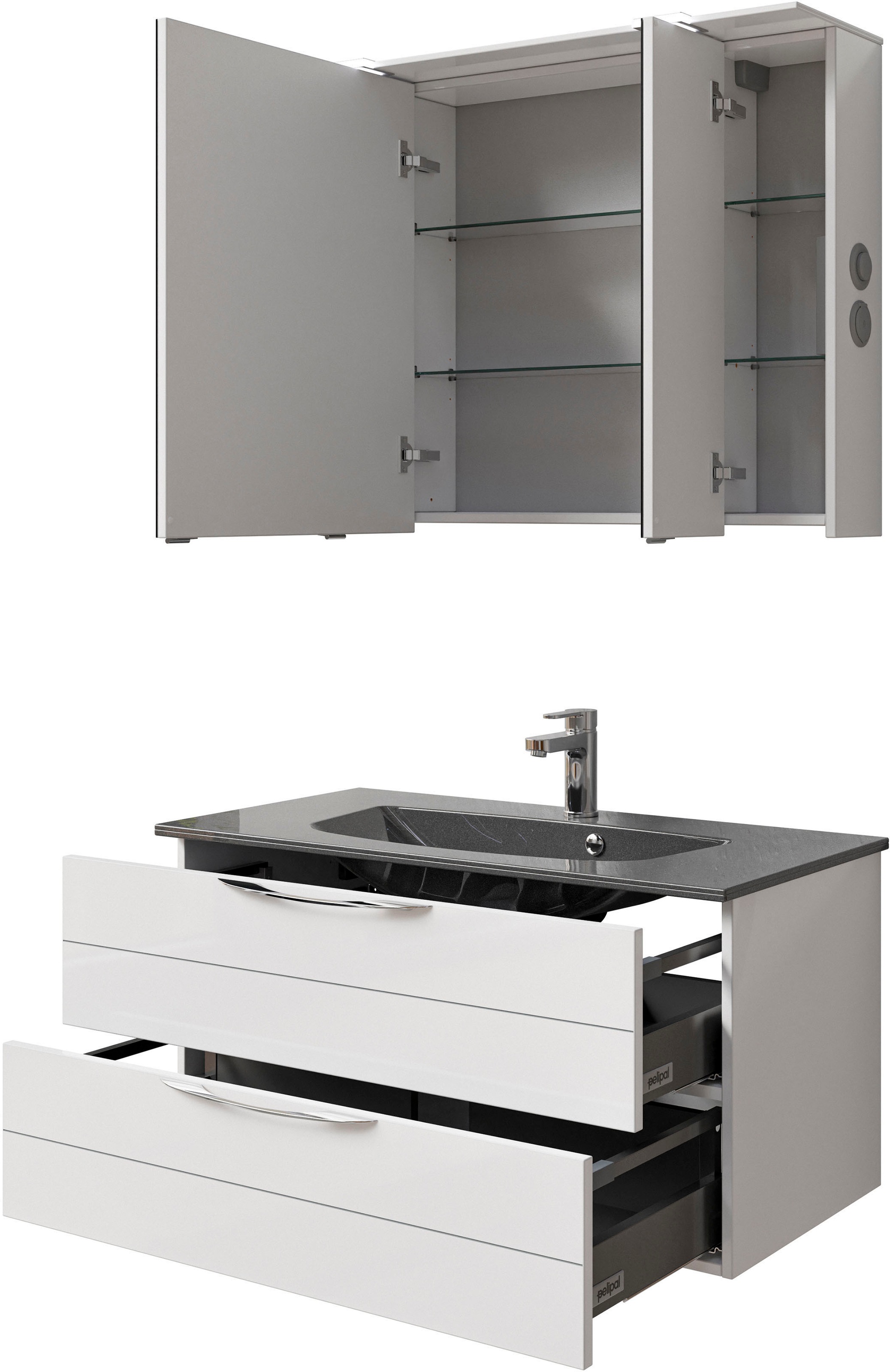 Saphir Badmöbel-Set »Serie 6025 2-teilig Mineralmarmor-Waschtisch mit LED-Spiegelschrank«, (2 St.), Waschplatz 97 cm breit, 2 Schubladen, 3 Spiegel-Türen, inkl Türdämpfer