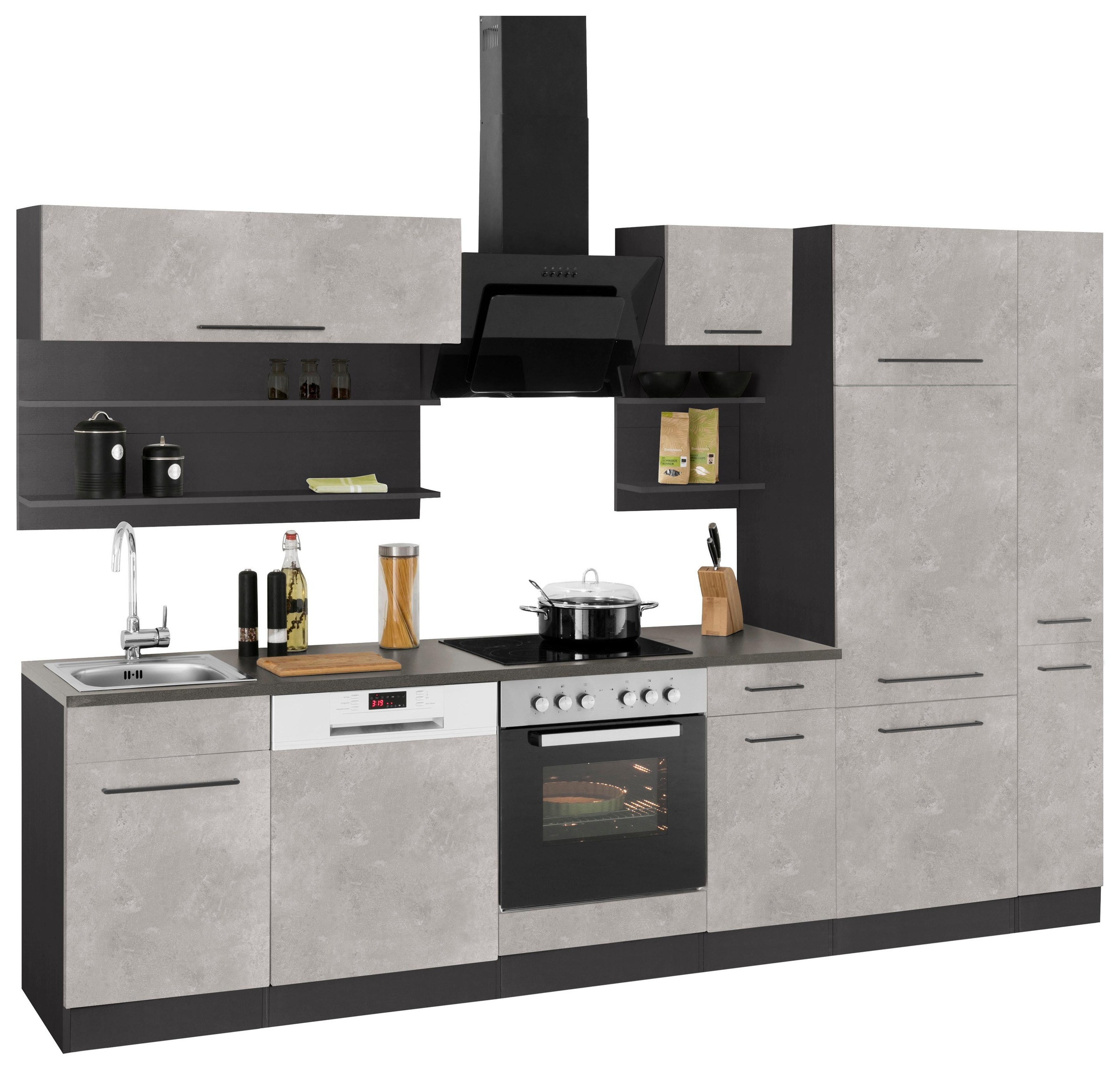 KOCHSTATION Küchenzeile »KS-Tulsa«, ohne E-Geräte, Breite 300 cm, schwarze Metallgriffe, MDF Fronten