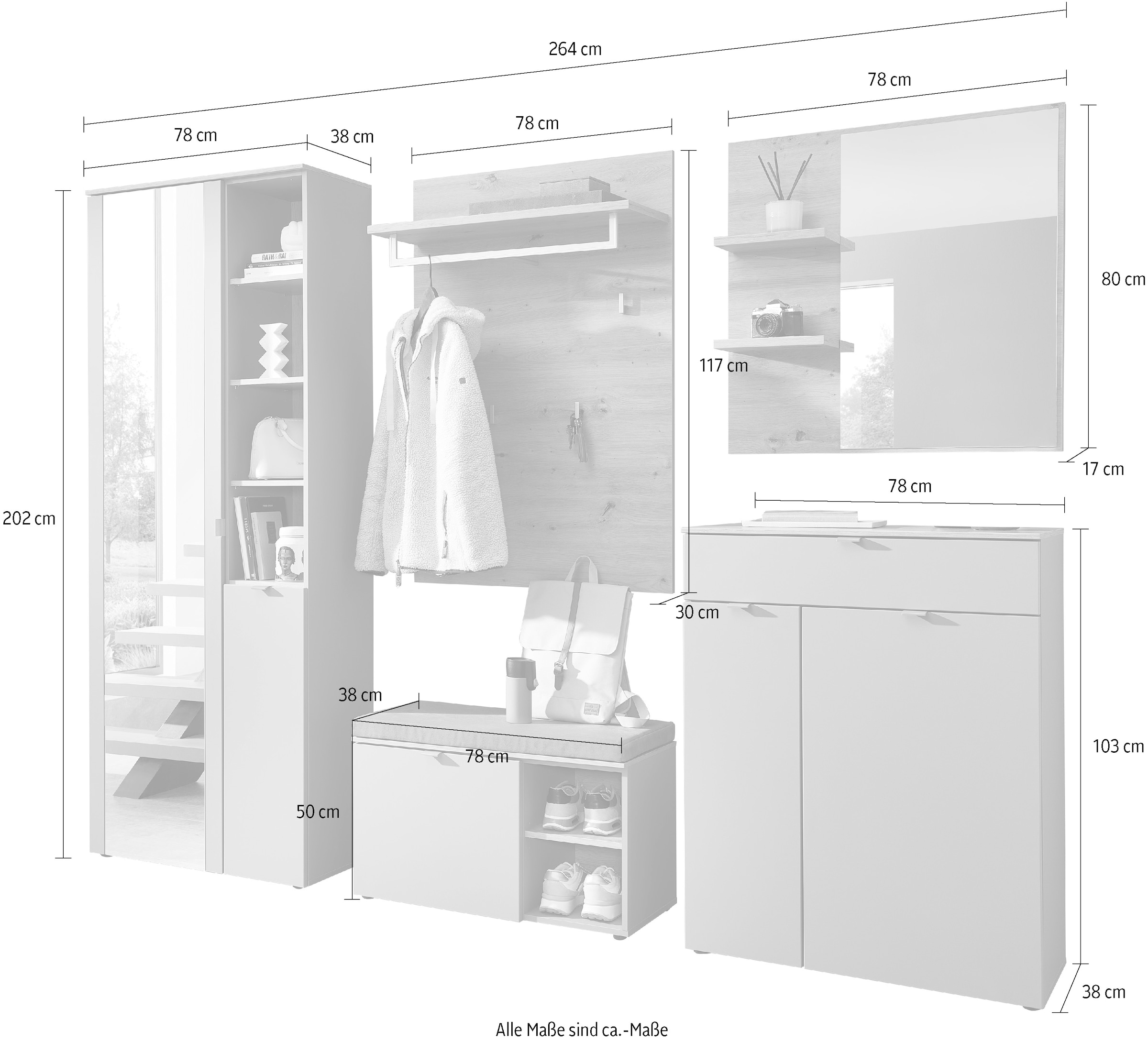 Innostyle Garderoben-Set »Bari Garderobenprogarmm, BxHxT 264x202x38 cm«, (Set, 5 St.), Besteht aus 5 Typen