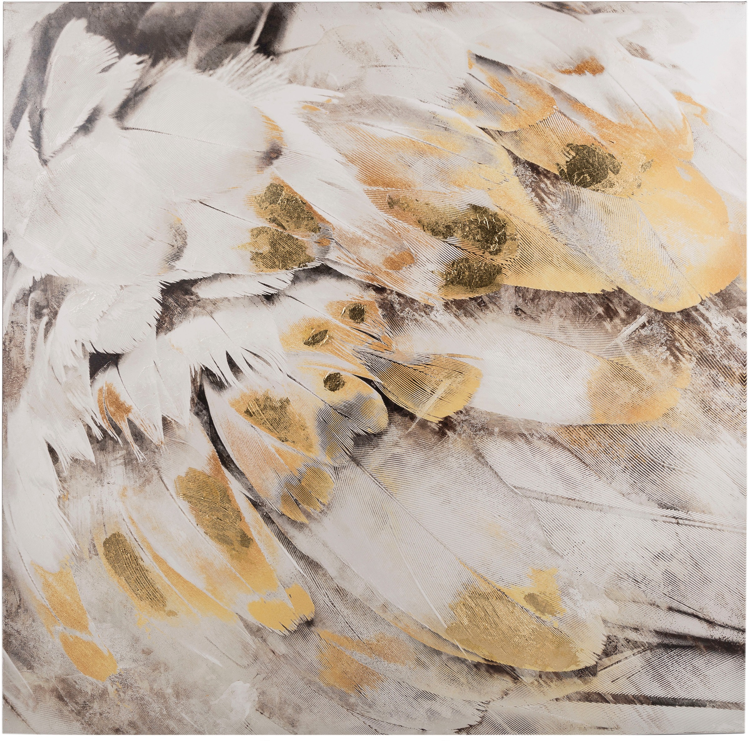 Home affaire Ölbild »Feder, goldfarben«, Gemälde, 100x100 cm, Wohnzimmer günstig online kaufen