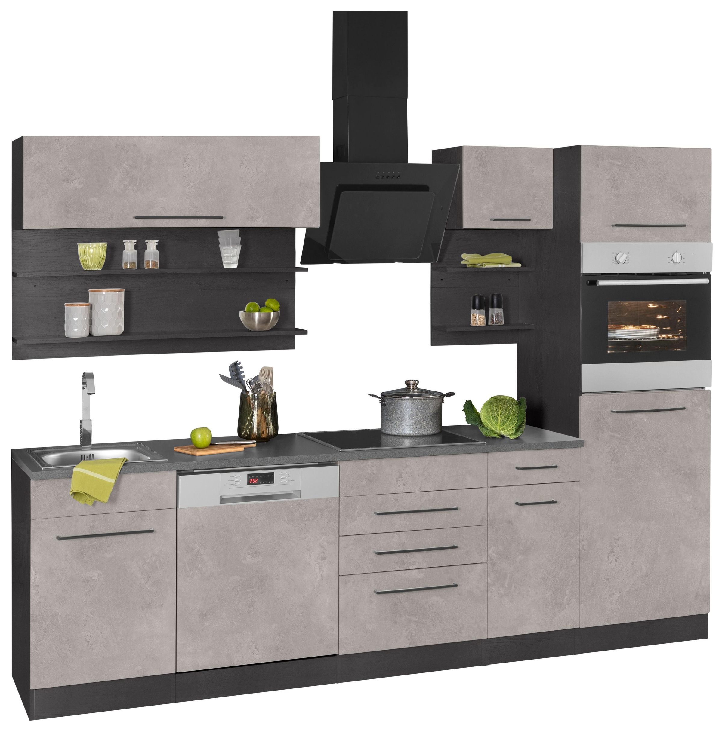 KOCHSTATION Küchenzeile »KS-Tulsa«, ohne E-Geräte, Breite 270 cm, schwarze Metallgriffe, MDF Fronten