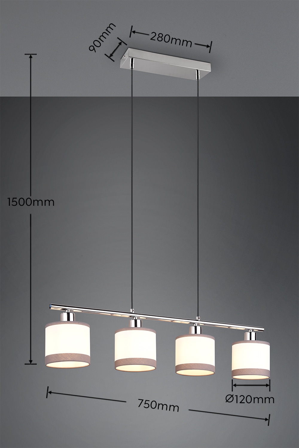 REALITY Leuchten Pendelleuchte »DAVOS, Hängeleuchte 4-flammig exkl 4x E14 max 10W höhenverstellbar«, 4 flammig, Leuchtmittel E14 | Leuchtmittel wechselbar, Hängelampe mit Stoffschirmen 2-farbig Höhe bis max 150cm verstellbar