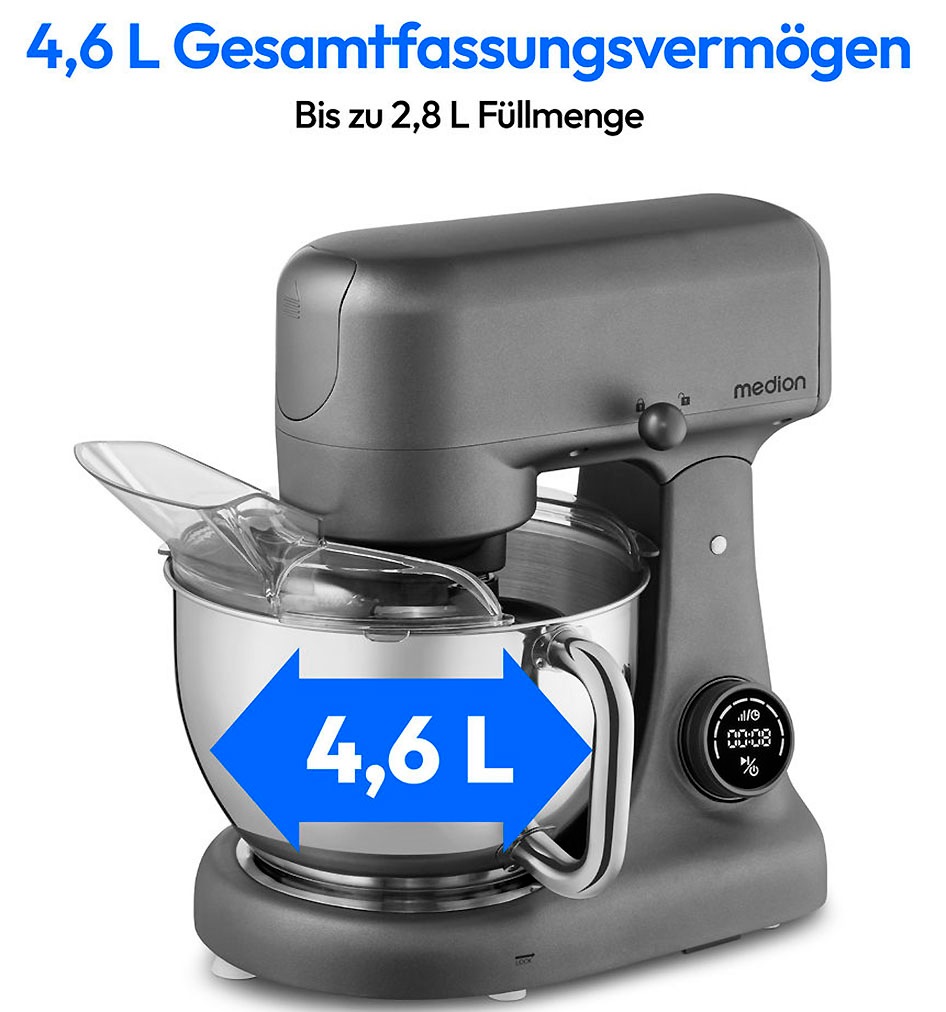 Medion® Küchenmaschine »MD 12600, 8 Geschwindigkeitsstufen, Impulsfunktion, DC-Motor, 4,6 L«, Mit umfangreichem Zubehör-Set, Fleischwolf-Aufsatz, Gemüsereibe