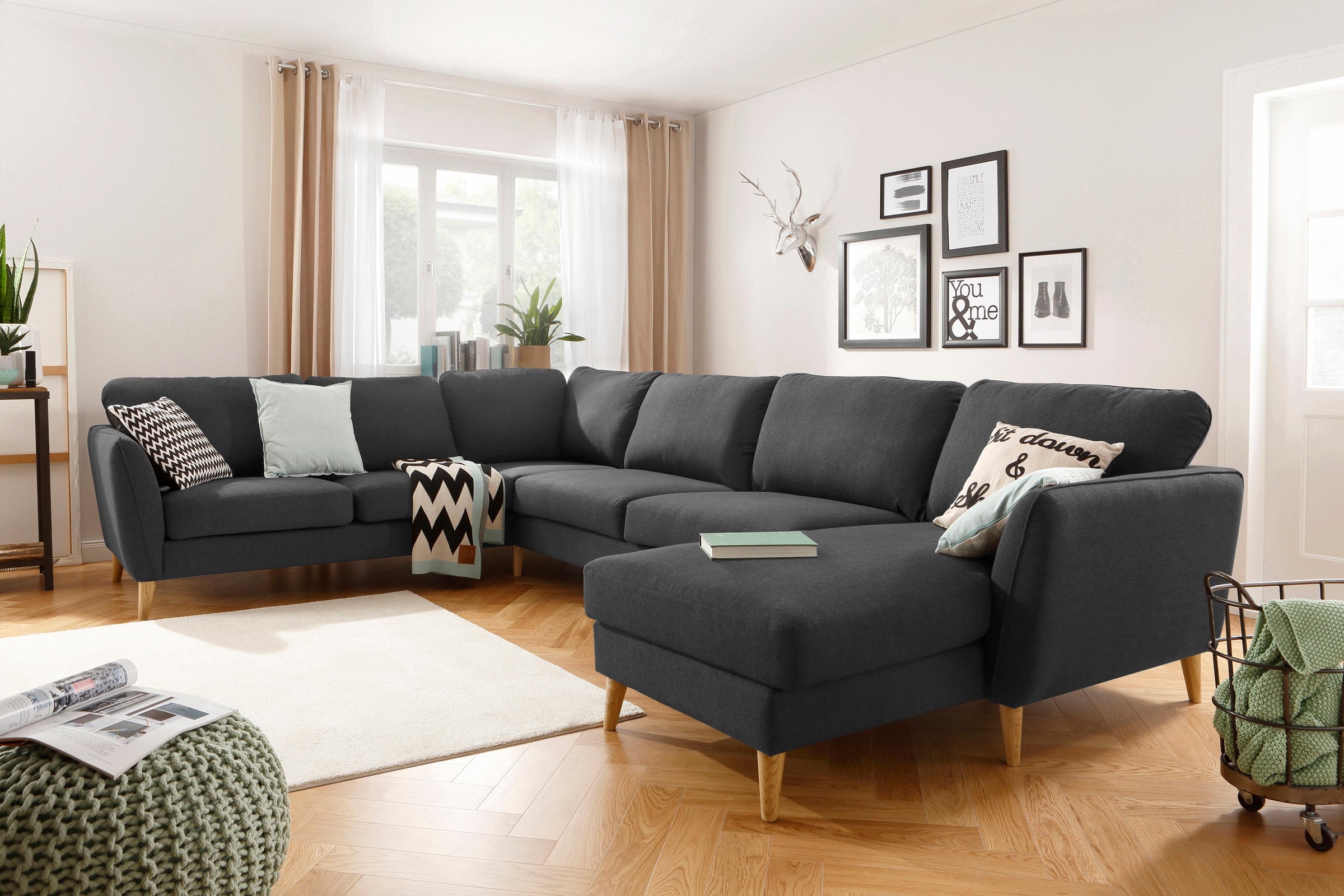 Home affaire Wohnlandschaft »MARSEILLE XXL 349cm, U-Form, Ottomane rechts/links wählbar«, Massivholzbeine Eiche, Landhausstil, Wellenunterfederung