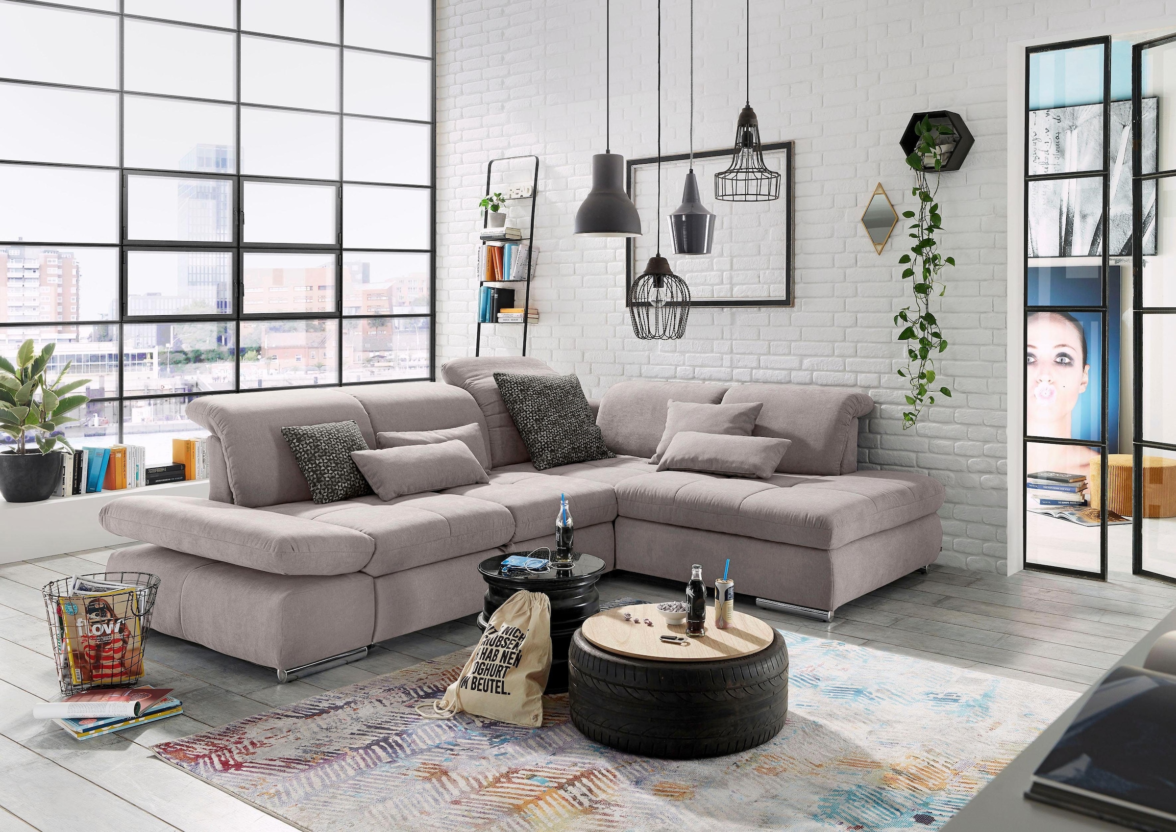 set one by Musterring Ecksofa »SO4100 V«, mit verstellbaren Kopfteilen, wahlweise mit Funktionen, Cord-Bezug