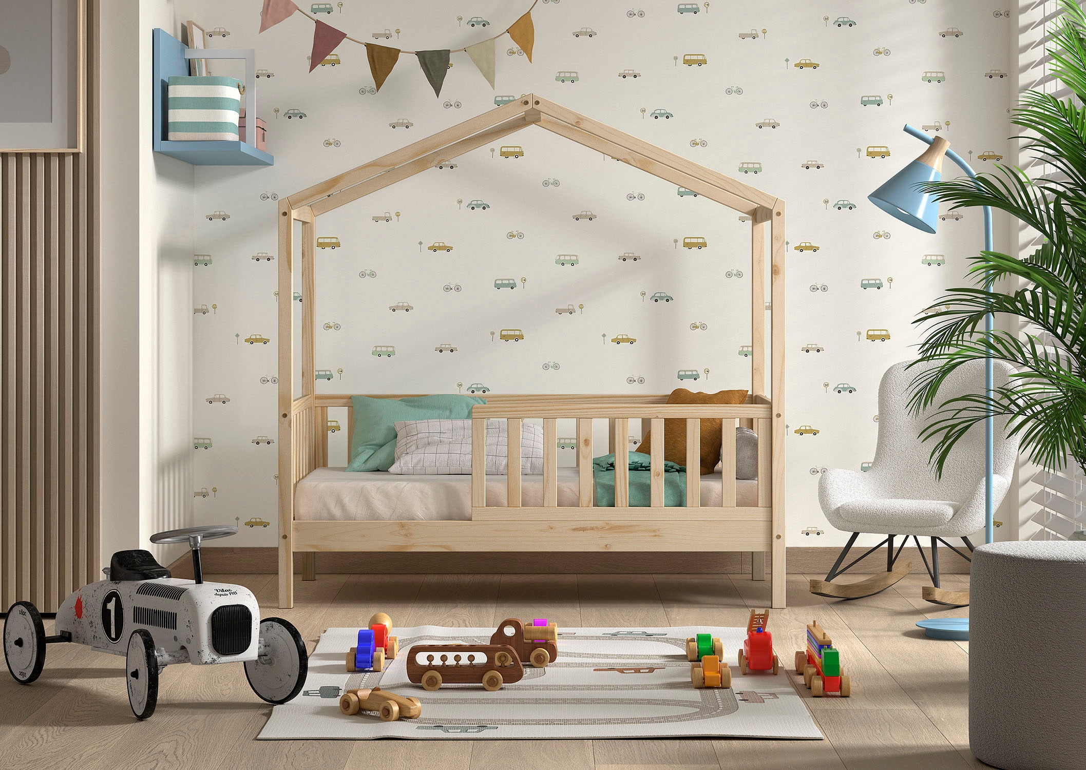 Home affaire Hausbett »Junior Hausbett 70/140, umlaufender Rausfallschutz, stabil gebaut«, (B/H/T ca. 148x150,6x75,8cm, in verschiedenen Farben erhältlich), inkl. Rolllattenrost und Dachaufbau