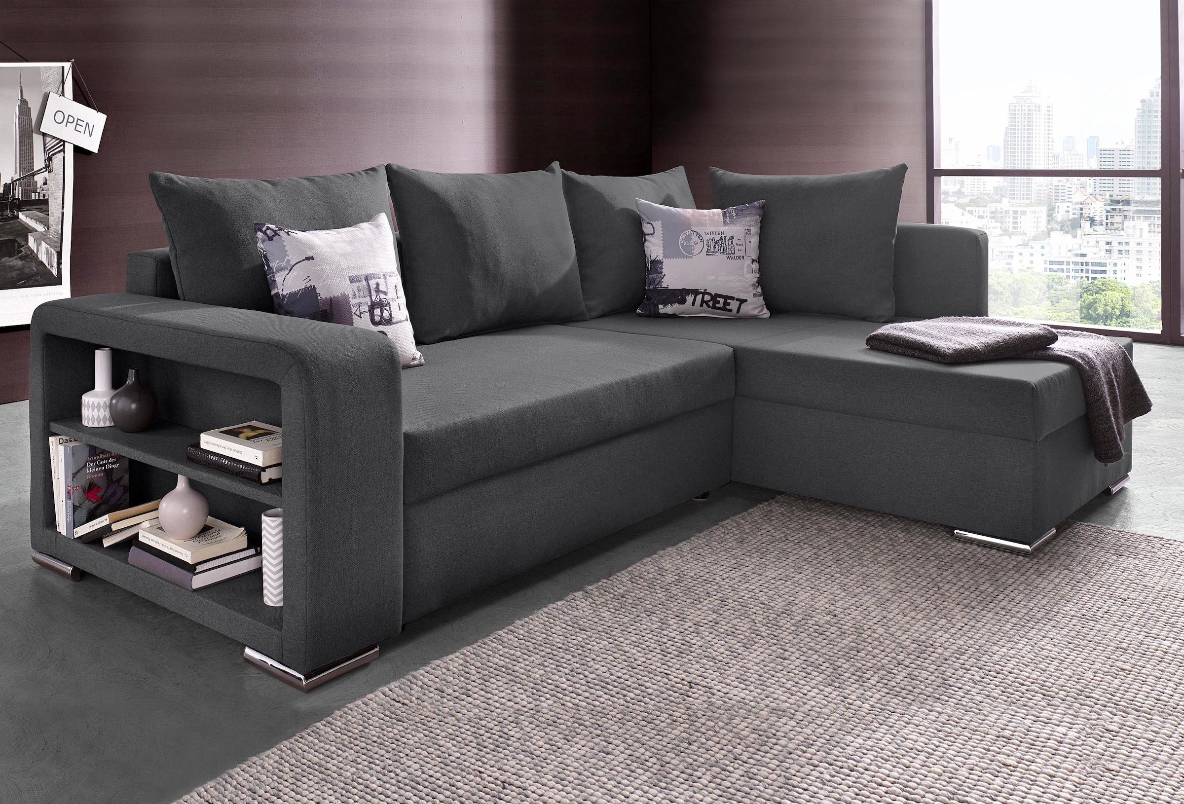 COLLECTION AB Ecksofa »John«, mit Bettfunktion, Bettkasten und Regalarmteil  auf Rechnung kaufen