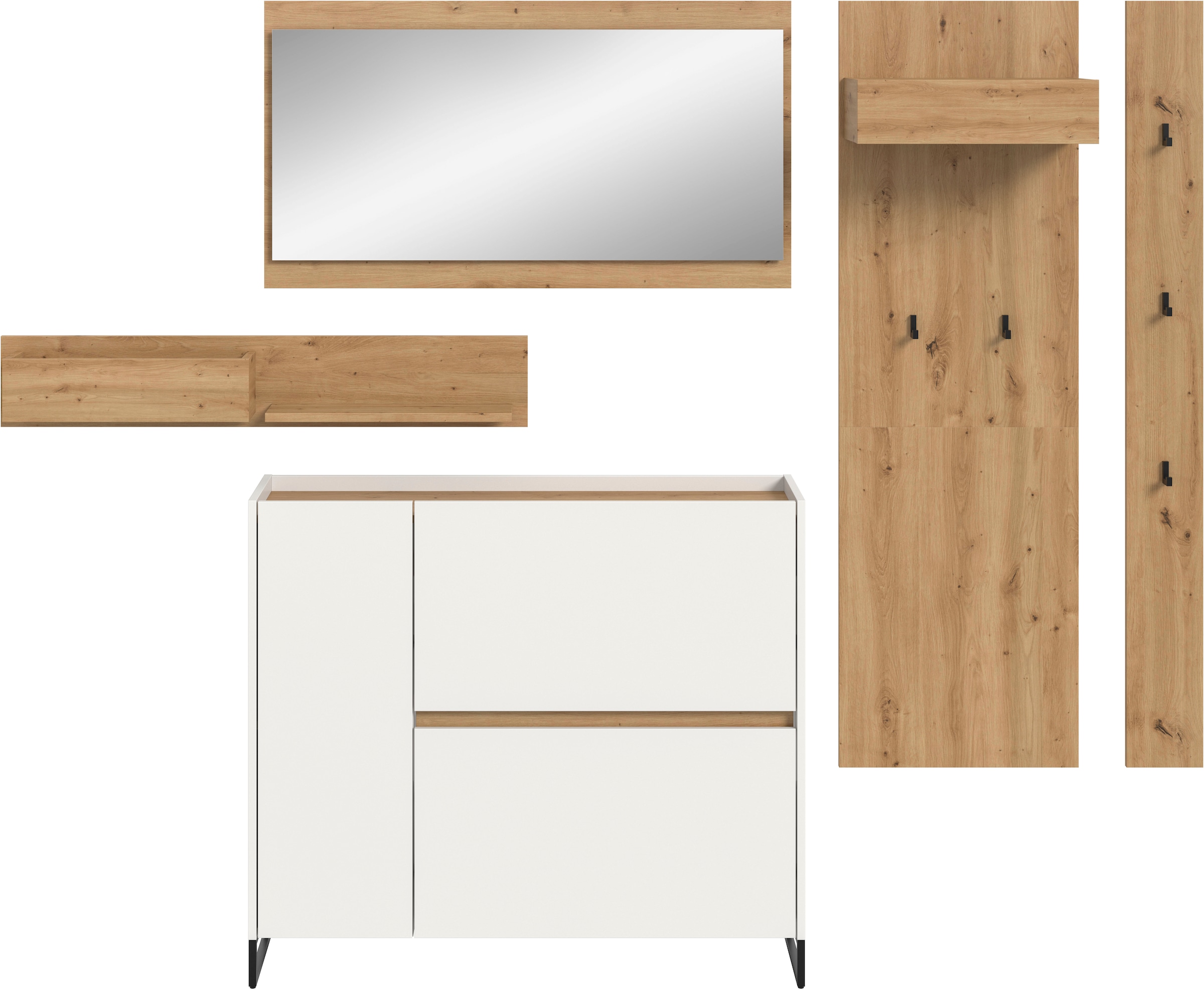INOSIGN Garderoben-Set »EVRID, 5-teilig, Breite 236 cm, individuell stellbar & erweiterbar« best. aus: Wandboard, Kommode, Spiegel, Garderobenpaneel, Hakenleiste, 5 Stk. tlg.