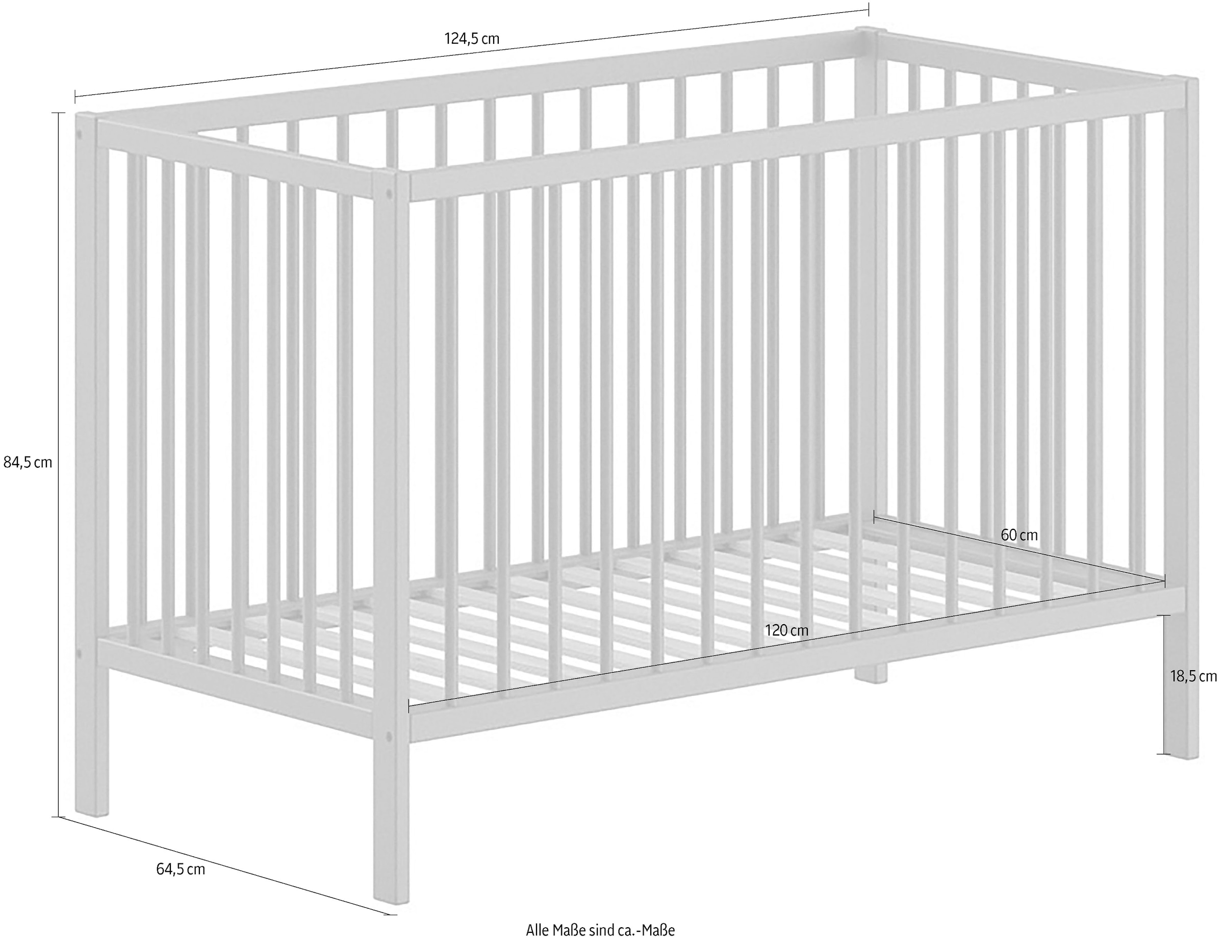 Vipack Babybett »Dino 60/120 cm mit 3-fach verstellbarem Lattenrost, stabile Bauweise«, Gitterbett aus massiver Buche, wahlweise in 3 Farben