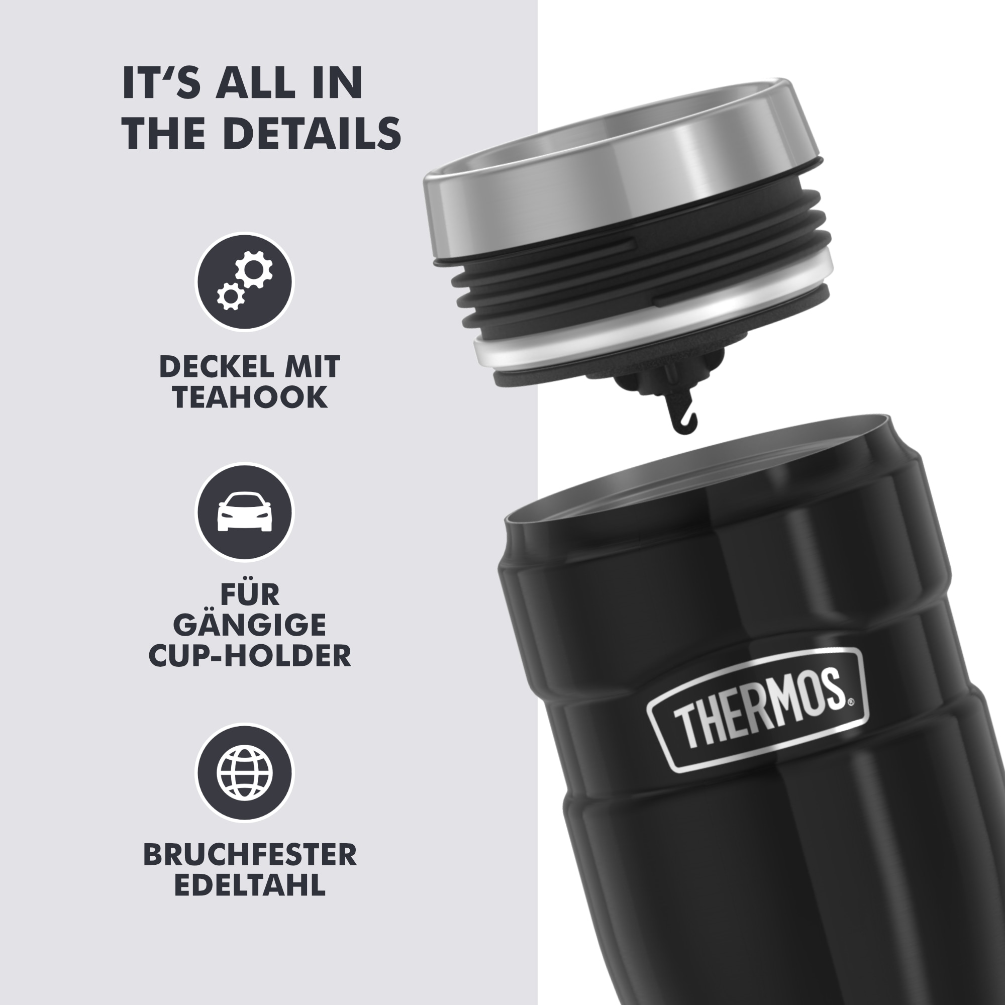 THERMOS Thermobecher »STAINLESS KING MUG, doppelwandiger Edelstahl, spülmaschinenfest« 0,47l, 7h heiß & 18h kalt, absolut dicht, DrinkLock – Verschlusssystem