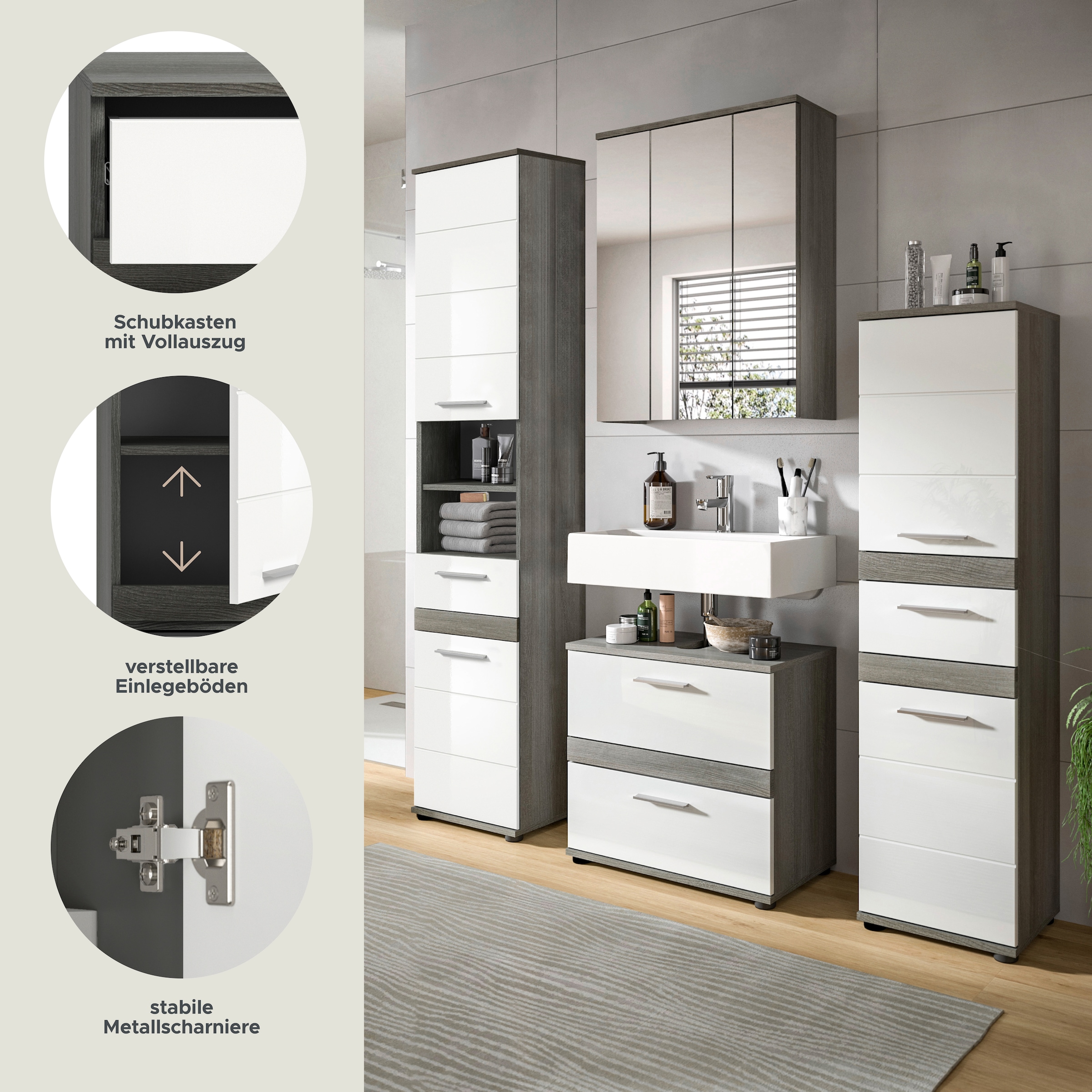welltime Badmöbel-Set »LUCCA, 4-teilig, TOPSELLER!, MDF Hochglanzfront, bestehend aus:«, (Set, 4 St.), Hochschrank, Waschbeckenunterschrank, Spiegelschrank, Standschrank