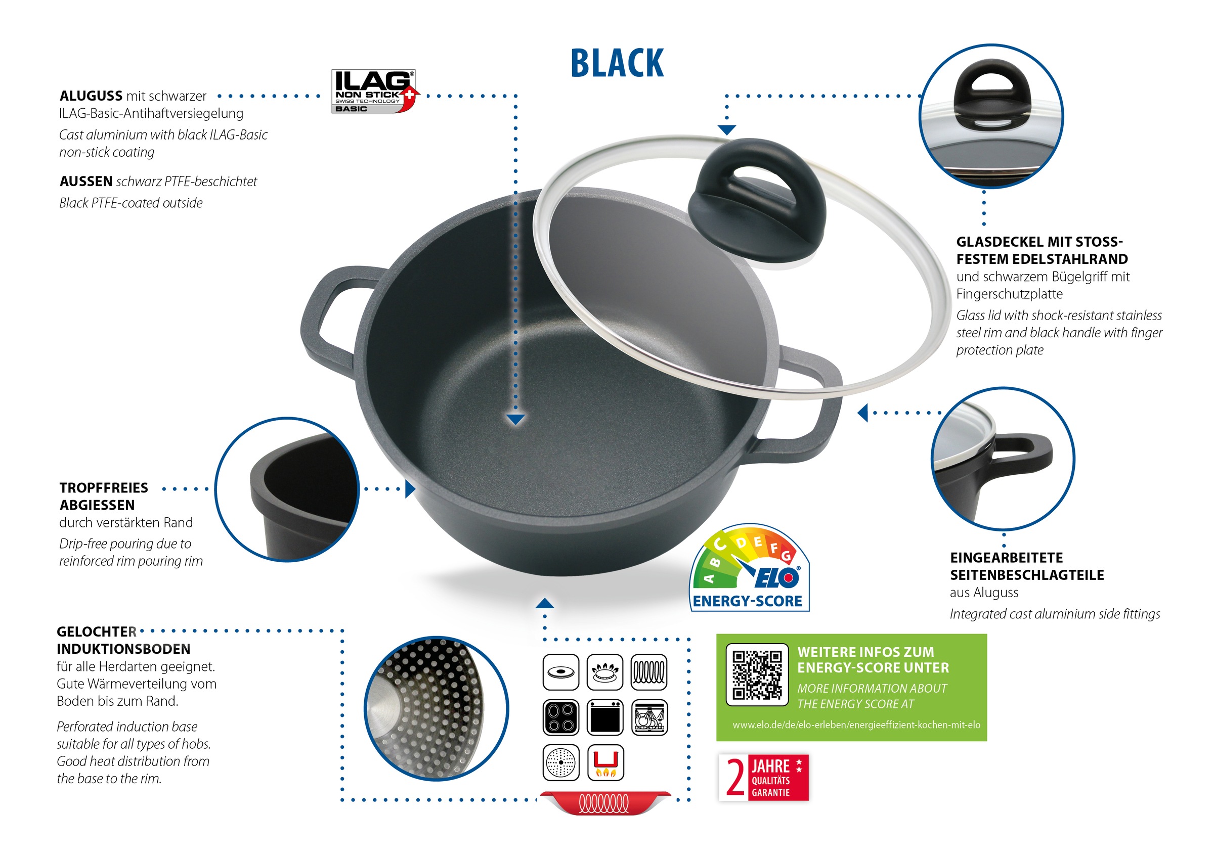 Elo Basic Topf-Set »Black« Set, 3 Töpfe mit Deckel, 6 Stk. tlg. Aluminiumgu günstig online kaufen