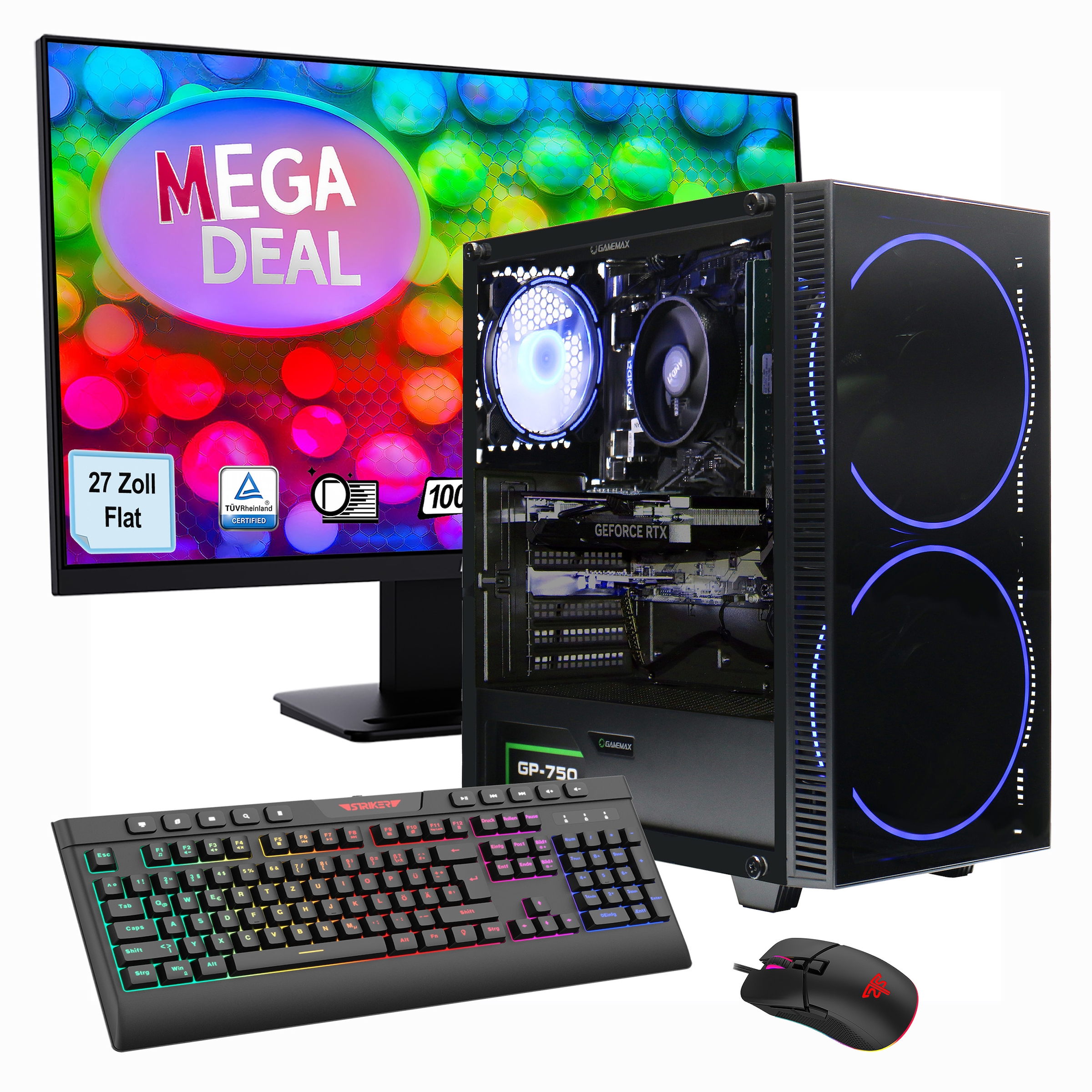 GAMEMAX PC-Komplettsystem »MegaDeal Gaming-PC-Set Black Hole«, (inkl. Maus, Tastatur), Windows 11 + MSI PRO MP273A Monitor, 69cm (27")