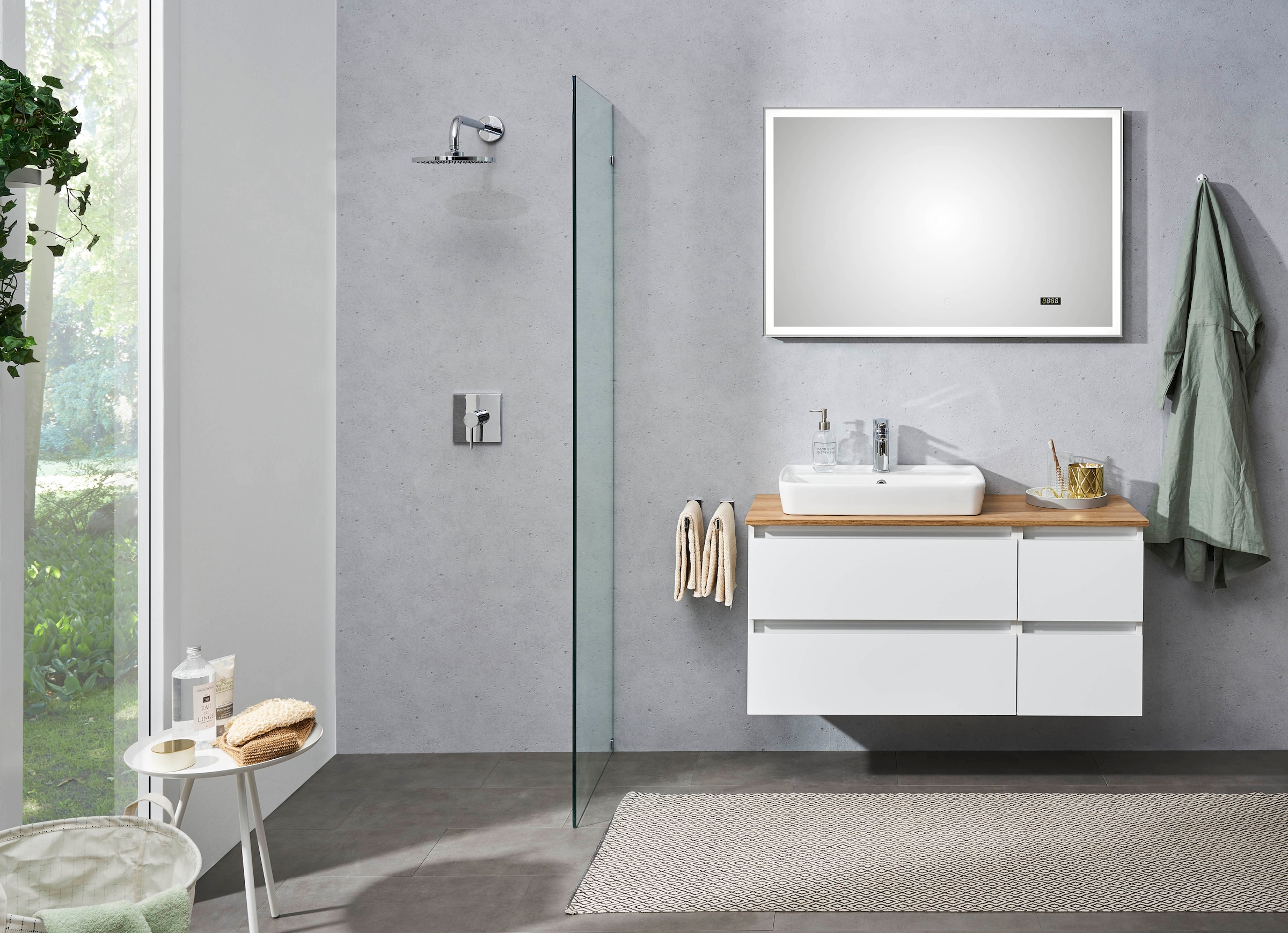 Saphir Badmöbel-Set »Quickset 360 2-teilig, mit Keramik-Aufsatzbecken und LED-Spiegel«, (Set, 2 St.), in Weiß Glanz, Riviera Eiche quer Nachbildung, 4 Schubladen