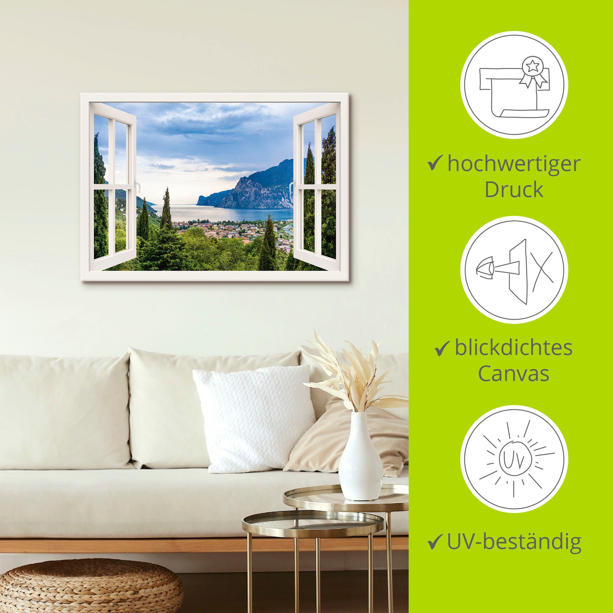Artland Wandbild »Gardasee durchs weiße Fenster«, Seebilder, (1 St.), als Alubild, Outdoorbild, Leinwandbild, Poster, Wandaufkleber